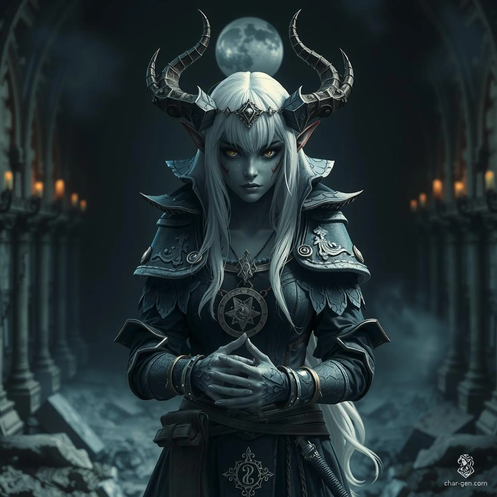 A black-skinned female dark elf, adorned with white hair and arcane sigils, exudes a powerful magical aura. This sorceress, dressed in enchanted garments, showcases a striking contrast with her distinctly textured black skin.