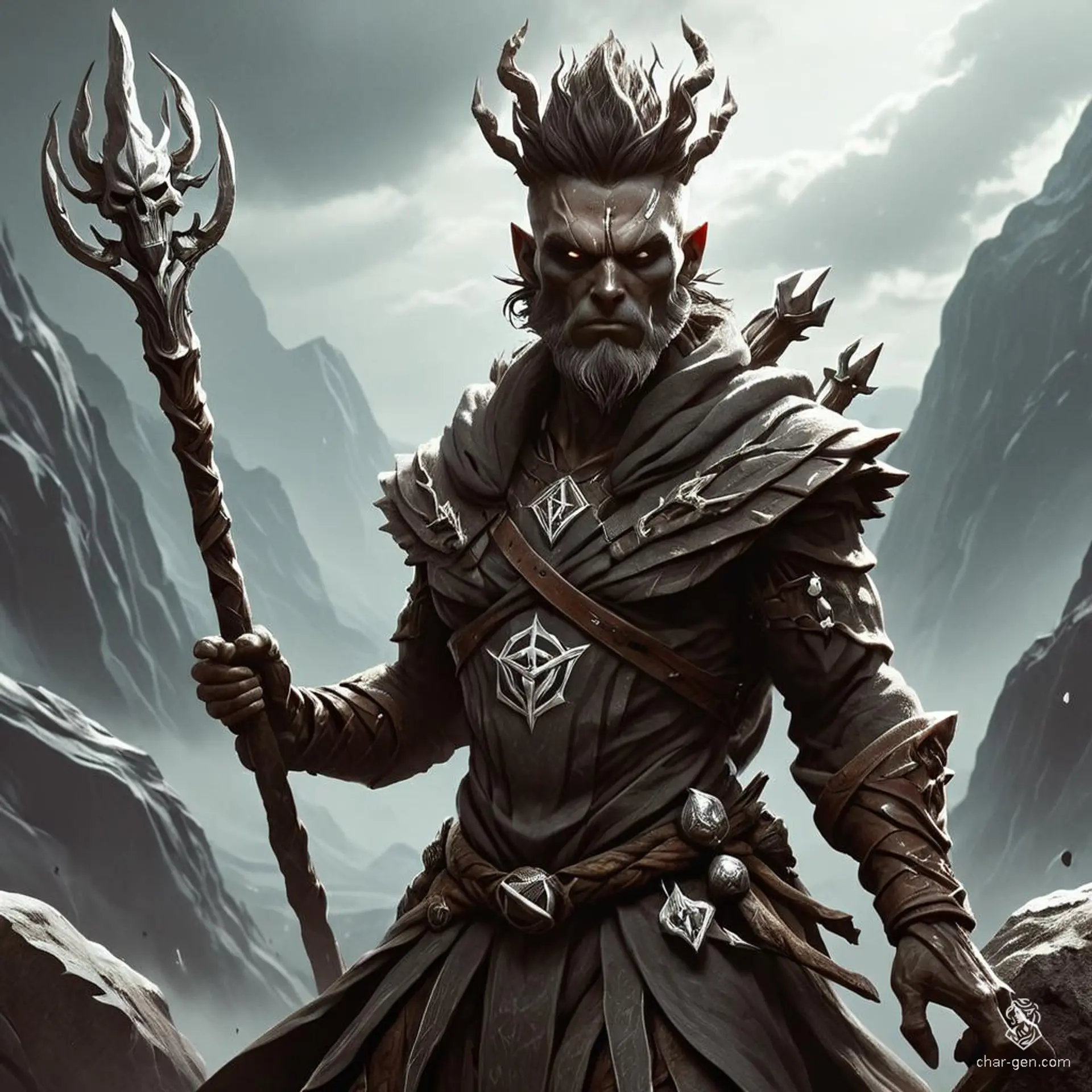 An Earth Genasi warlock, this male witch-hunter features rock-like skin with dark, earthen nebula effects. Adorned in rugged dark robes, he wields an earth staff, arcane sigils, and silver weapons. His top knot contrasts sharply with his dark-skinned, rock-textured appearance.