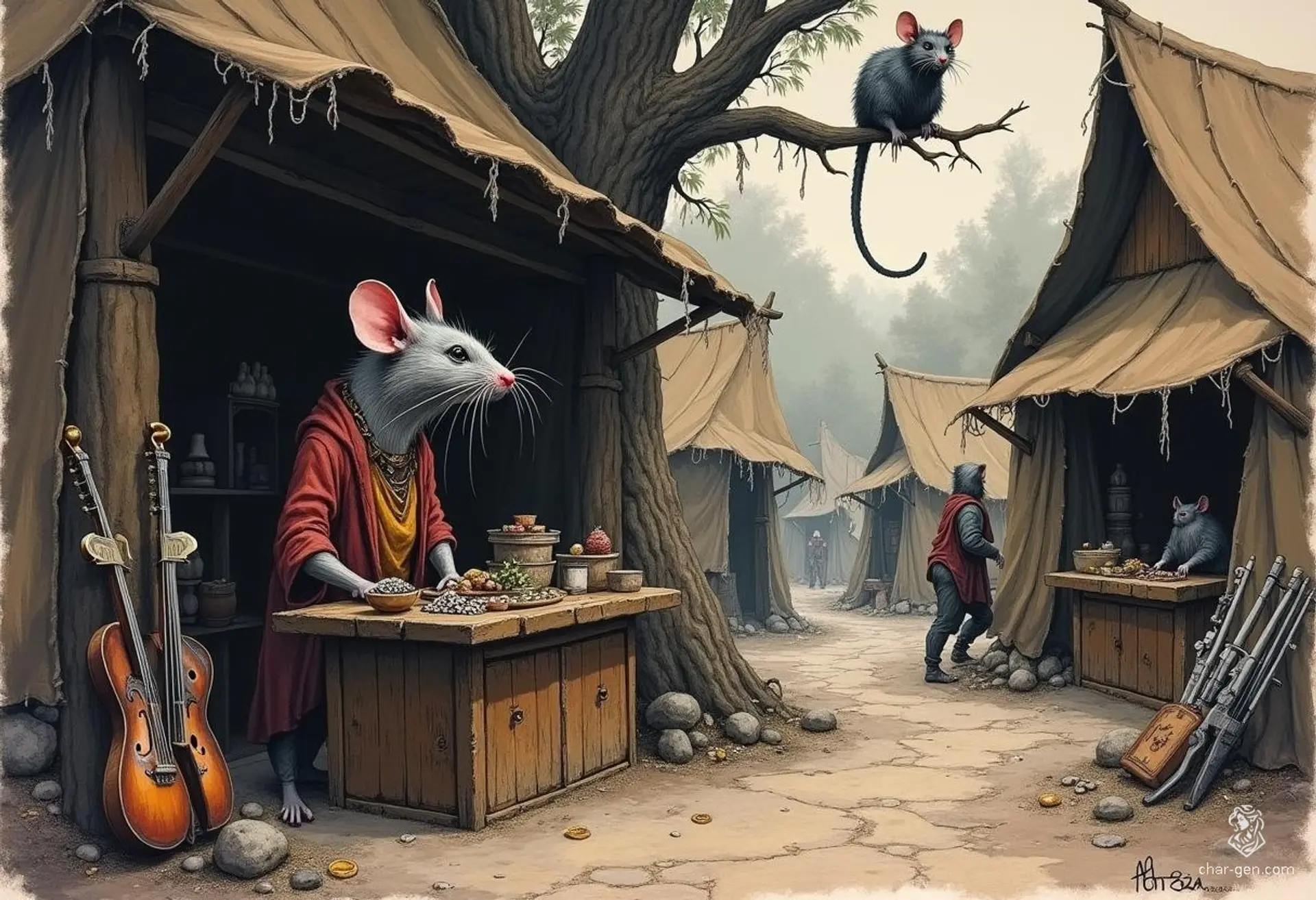 Ratscar, the cunning ratfolk shopkeeper, runs a bustling stall at the bandit camp. With a shrewd gleam in his rat-like eyes and twitching whiskers, he expertly barters various rare goods, providing both value and mischief to his unscrupulous clientele.