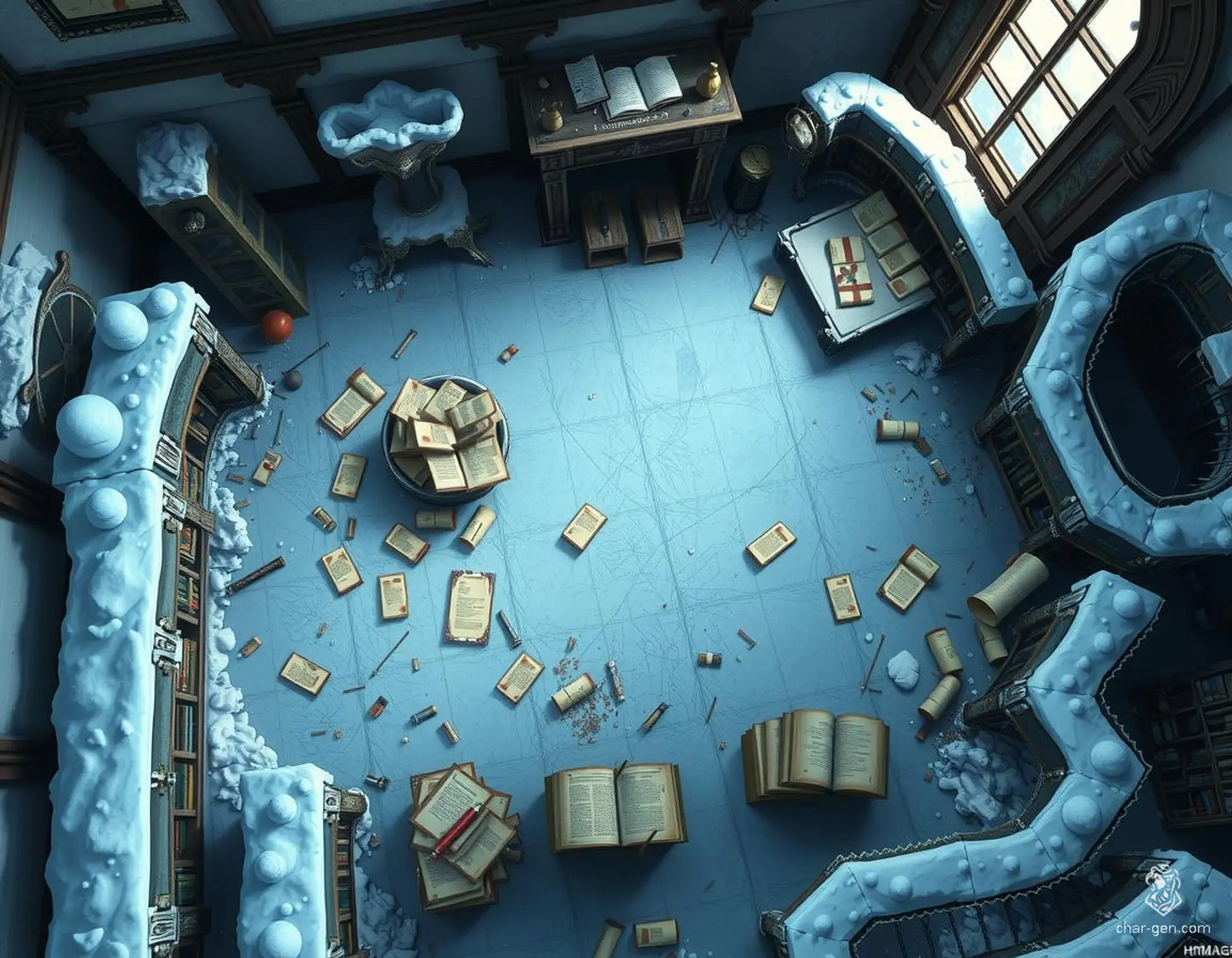 Venture into the vast, frozen library where ancient, frost-covered shelves lie in disrepair, and scattered, brittle pergamin rolls whisper forgotten secrets. Navigate icy patches and beware hidden traps, while a secluded balcony offers a chilling view of an endless, frozen sky. Unveil the mysteries before the cold claims everything.