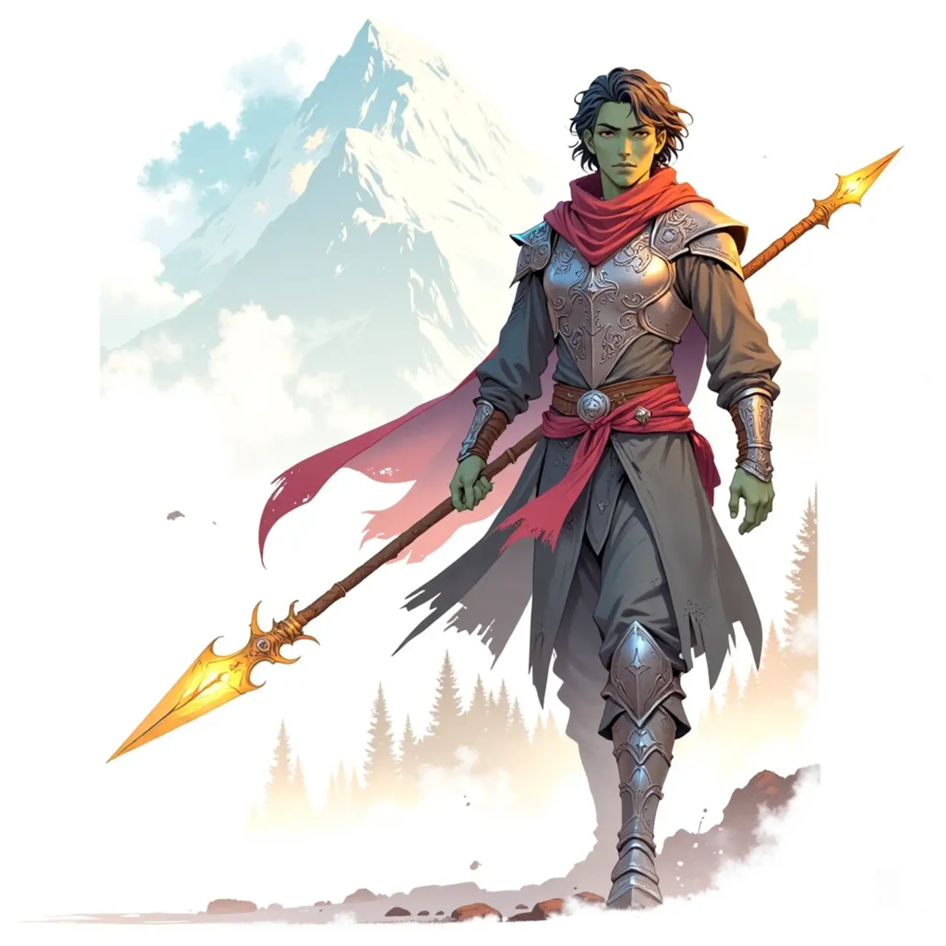A twenty-year-old human with green-tinged skin dons a gleaming silver breastplate and a striking red scarf draped over his trench coat. Wielding a spear with confidence, he embodies both agility and strength, ready to navigate the challenges of a mystical realm.