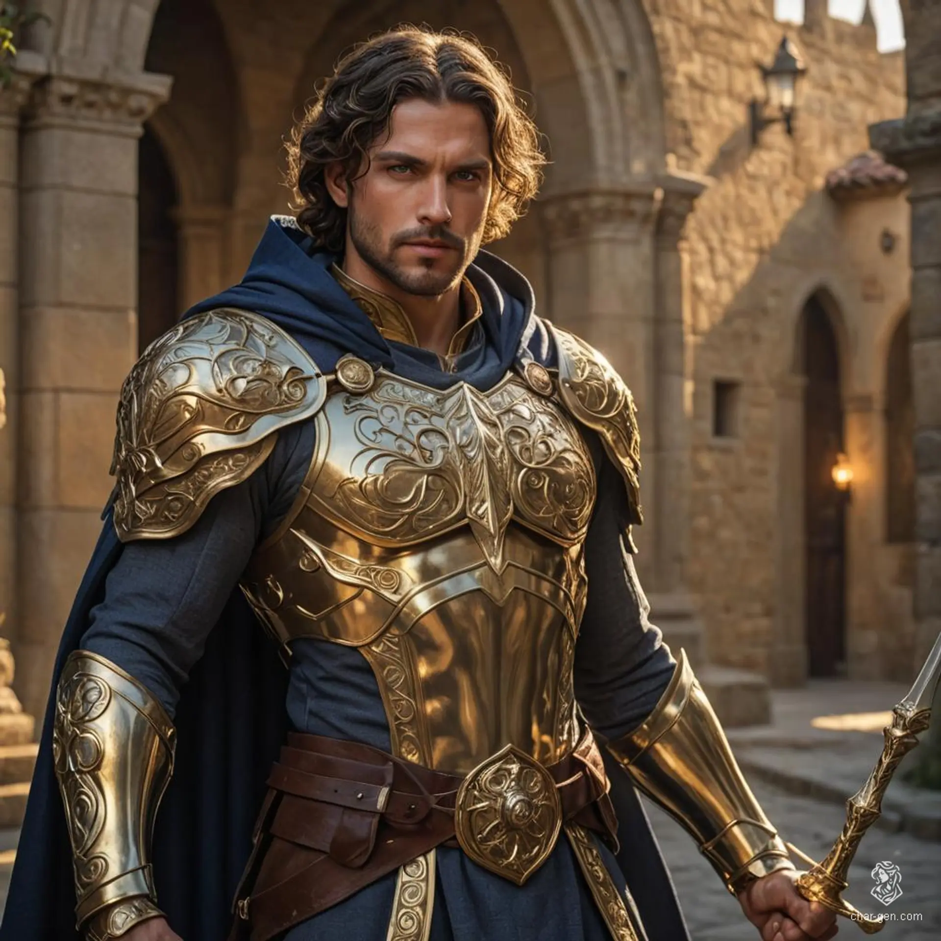 A 32-year-old muscular Aasimar paladin with olive skin, brown eyes, and jet-black hair. Adorned in an enchanted cloak, wielding a quarterstaff, he embodies a calm yet intense demeanor. Despite battling visions of looming disasters, his strong sense of protection and charity drives him. Tasked with confronting a northern threat, his faith and strict moral compass guide him, even as he grapples with past resentments and seeks a renewed sense of purpose.