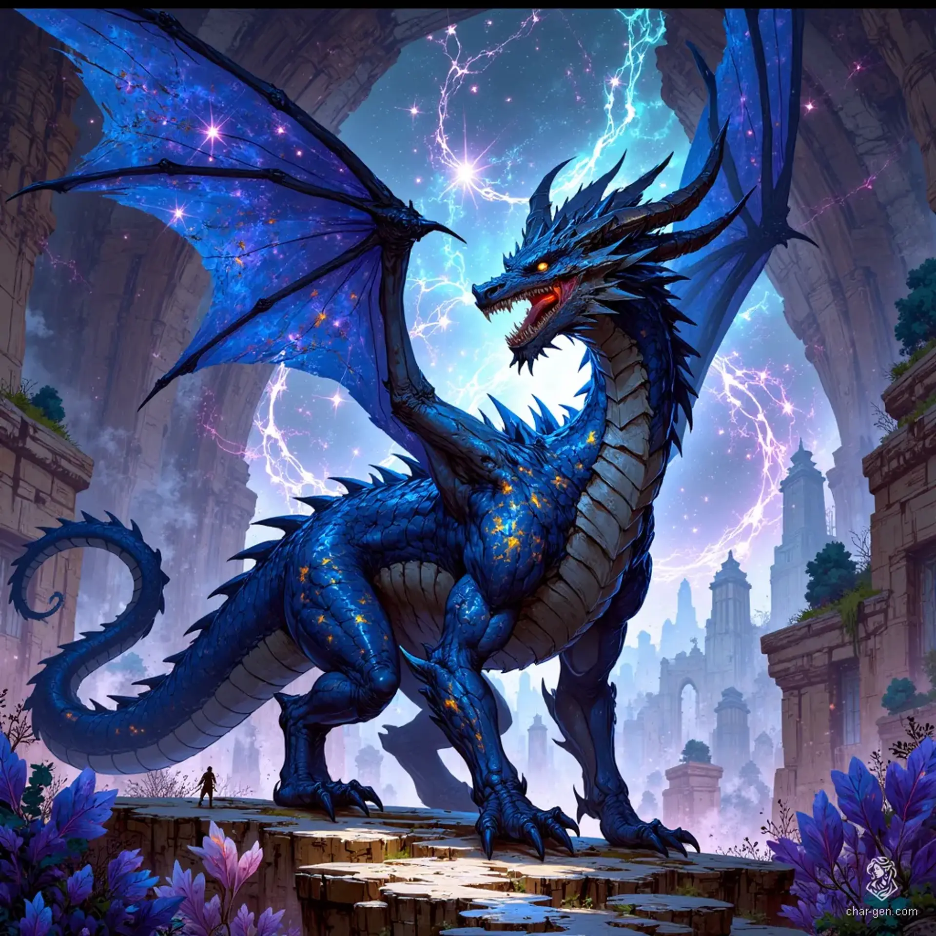 The Nebulae-Dragon is a passive, tamable creature with a majestic midnight blue hide, adorned with shimmering gold and white freckles resembling distant stars. Its celestial appearance and tranquil demeanor make it a sought-after companion for adventurous souls seeking harmony in the cosmos.