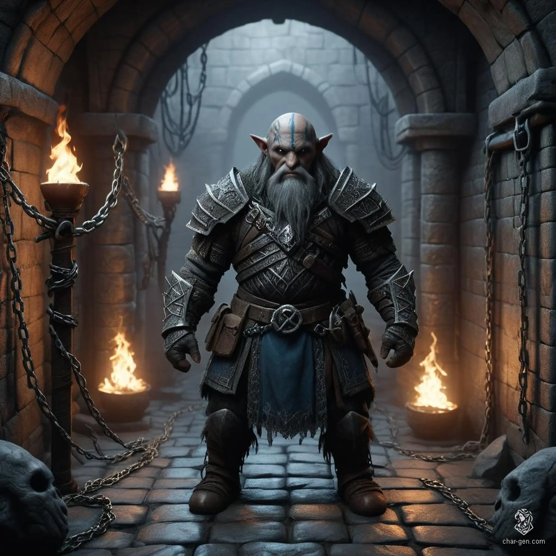 A stoic duergar dwarf, with a remarkable bald head and unique grey-blue skin, embodies the underground's unyielding spirit. His compact, sturdy frame and piercing gaze reveal a life carved from the darkest depths.
