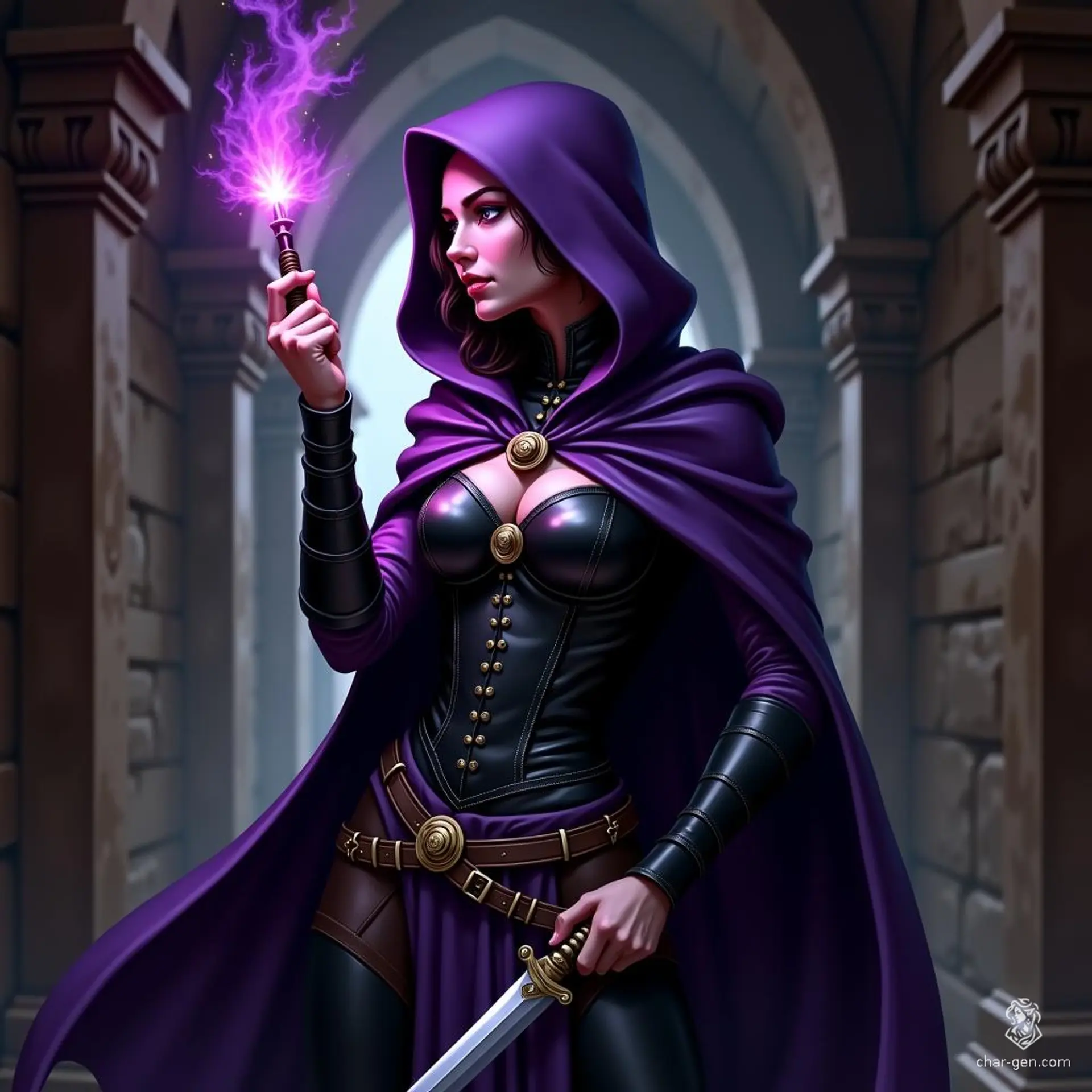 A cunning female elf arcane trickster, cloaked in a purple hood and black leather corset, deftly navigates a shadowy medieval hallway. With a dagger in one hand and a swirling purple spell in the other, she embodies stealth and mastery of magic, poised for mischief.