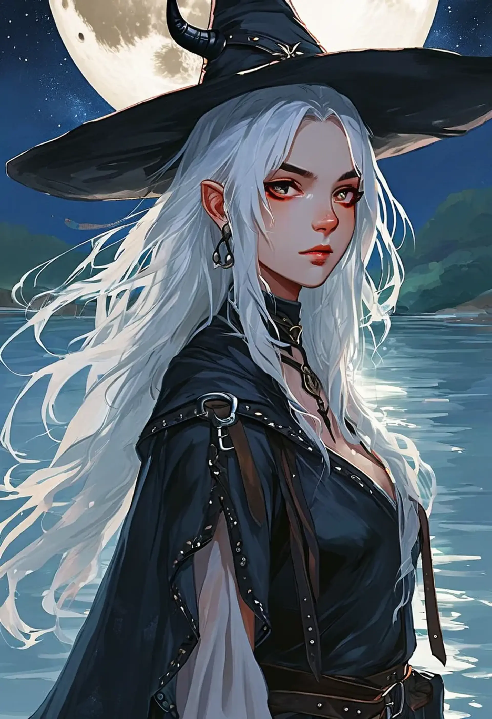 Branwen Umbra, a 230-year-old Umbral Human, combines divine cleric grace with potent sorcery. Her shimmering alabaster skin, swirling silver-black eyes, and writhing onyx hair cloak a haunted past in the Feywilds. Barefoot with a scythe and ravens, she guides souls with ancient wisdom and eerie charm.