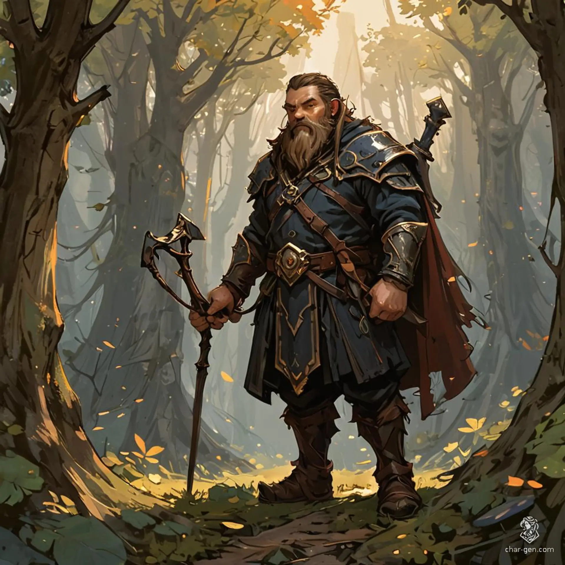 Grom Ironfoot, a rugged dwarf hunter, stands confidently in the shadowy forest, his tan skin and black beard contrasting sharply with his chainmail armor. Armed with a bow and spear, he expertly tracks prey, blending seamlessly into the mountainous terrain. A master of survival, he is fierce and unyielding.