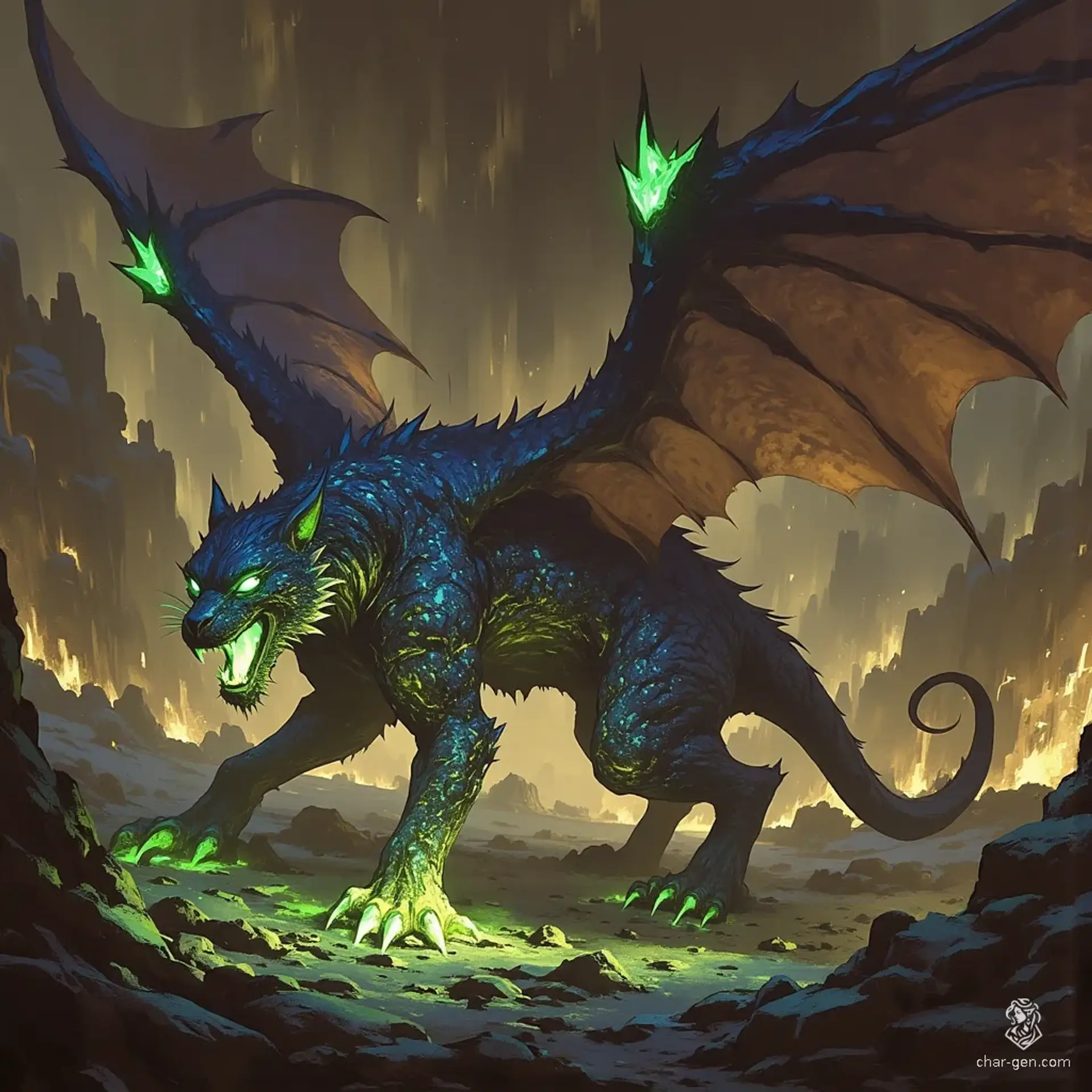In a shadowy realm of the Underdark, a displacer beast prowls along the lake's edge, its black dragon wings accented with green tips underneath sinuous tentacles. Its panther-like head has a lizard's snout, with gleaming black dragon scales. Acid drips menacingly from its claws, pooling in the hazy mist that lingers over the still, dark waters of the cavernous lake. Stalactites loom from the rocky ceiling above, completing this eerie, dimly lit scene.