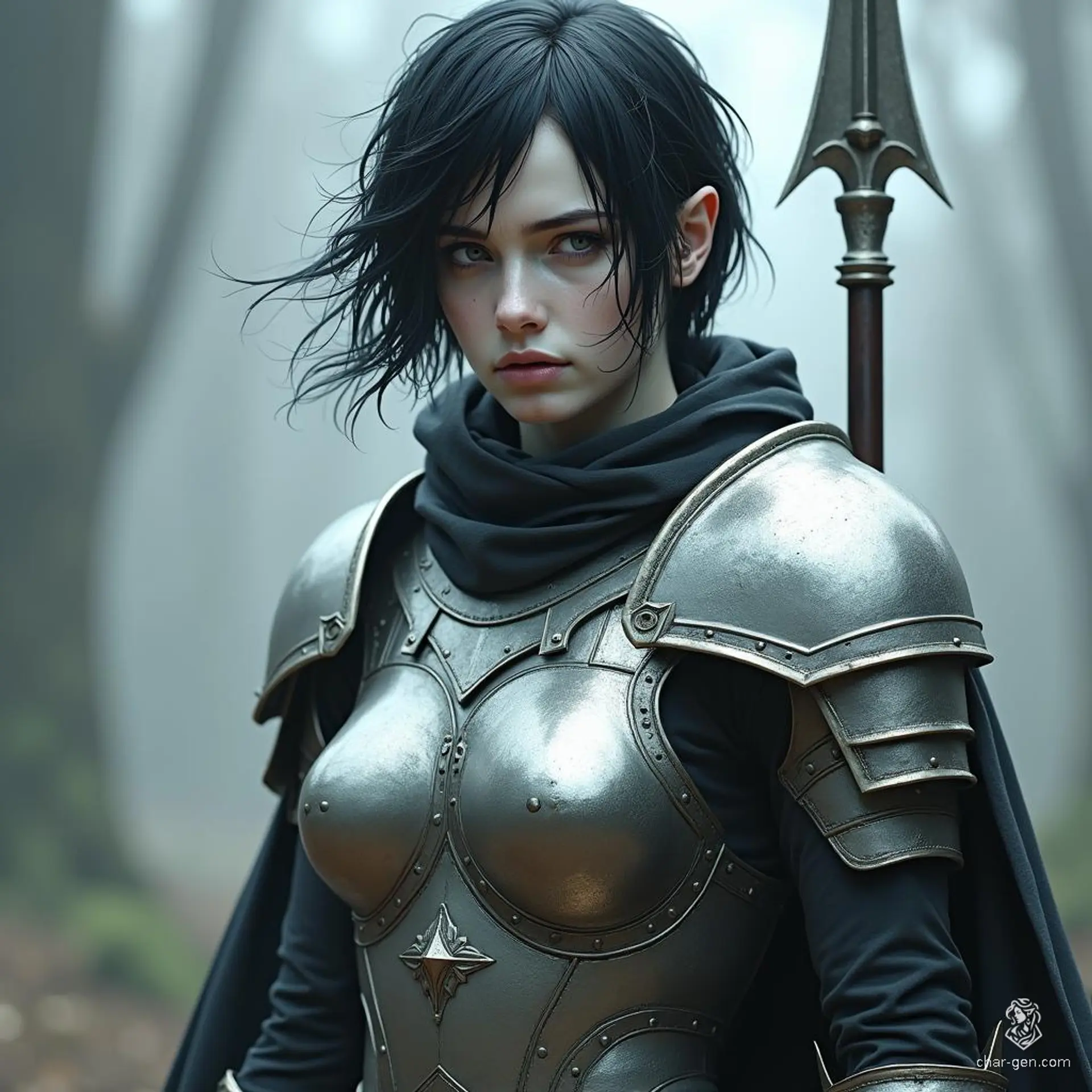 A melancholic shadar-kai elf, she embodies a tragic grace with her short raven hair and pale, milky skin. Clad in gleaming silver plate armor, she wields a spear and shield, her coal-black eyes reflecting deep sorrow from untold burdens.