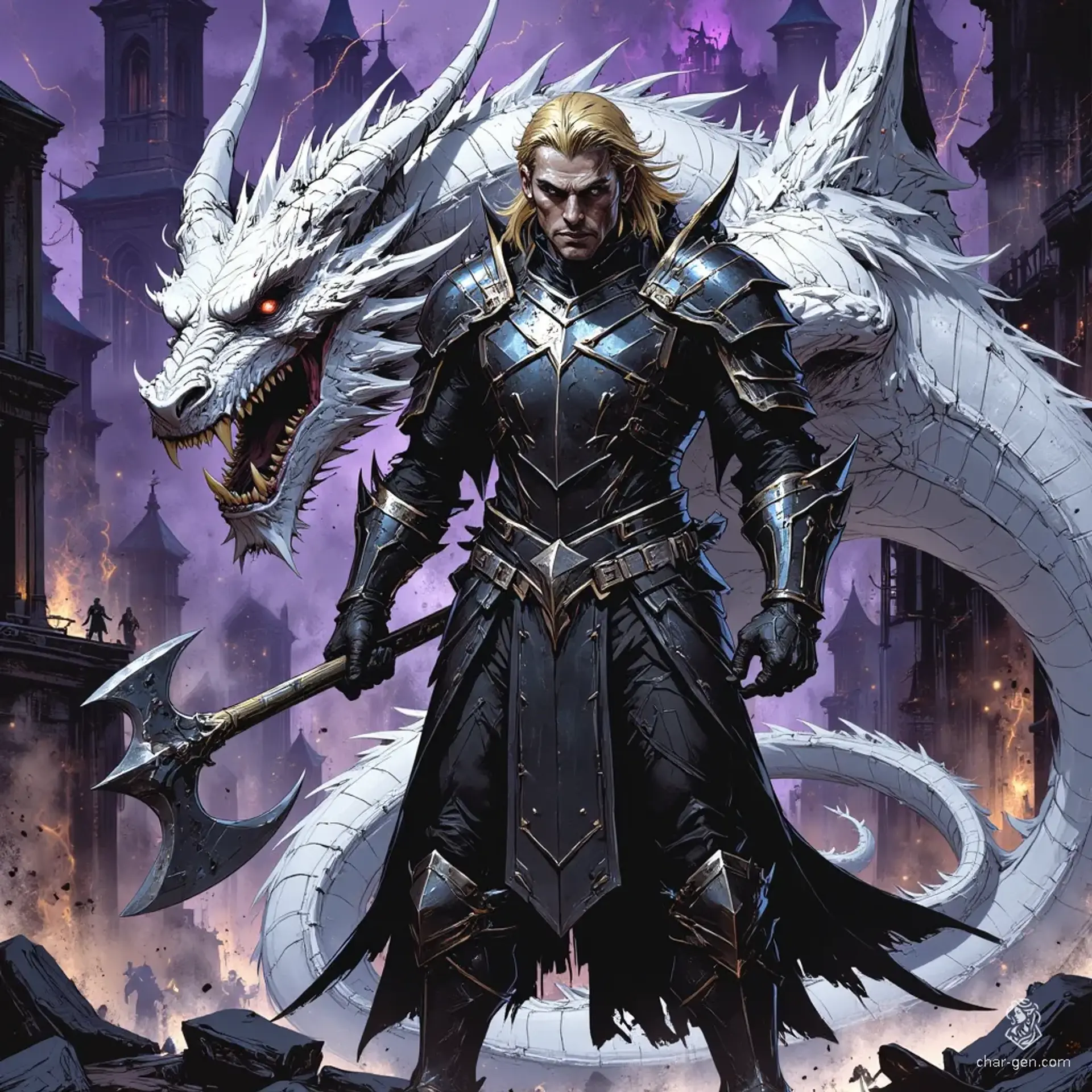 A gallant middle-aged Paladin, this rugged witch-hunter commands respect with his dignified presence. Clad in gleaming chain armor and wielding a fierce axe, he rides valiantly atop a majestic white dragon, blonde hair flowing as they challenge dark magic users with unwavering confidence and a righteous fury.