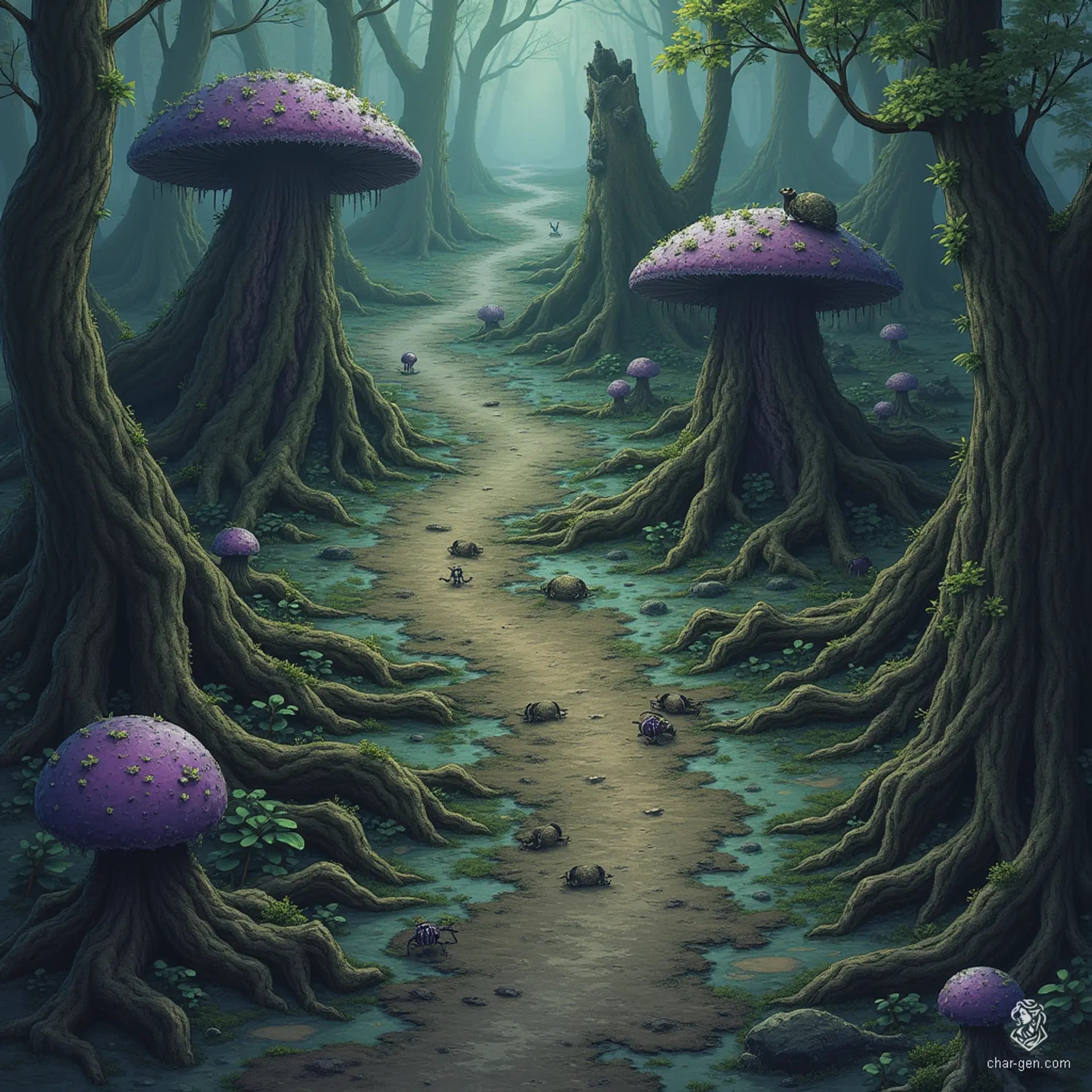 In a murky marsh, sticky mud oozes beneath your feet while tangled mangroves loom over shimmering pools, cloaked in thick fog. Purple mushrooms cling to decaying logs, illuminating the area with eerie glow. A crossroads campsite lies at the heart, shadowed by the remnants of a ruined highway bridge, where giant fay mushrooms thrive, concealing hidden traps and lurking secrets for the unwary traveler.