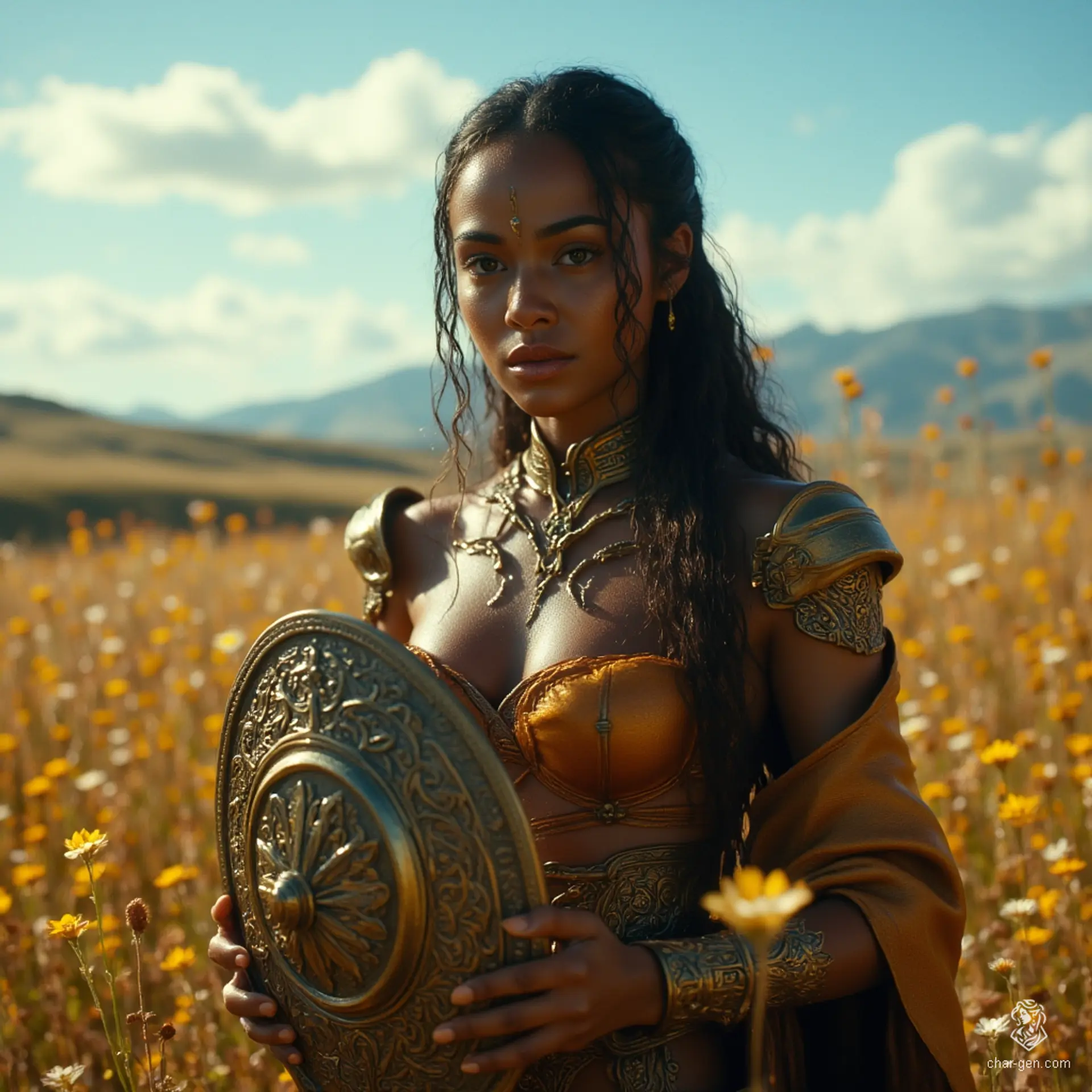 Jouli, a middle-aged investigator mage of North African descent, captivates with her striking beauty and dark brown skin that shimmers in sunlight. Clad in intricately embossed leather armor, she conjures a shield spell amidst towering bookshelves, diligently cataloging ancient texts with wisdom and grace.