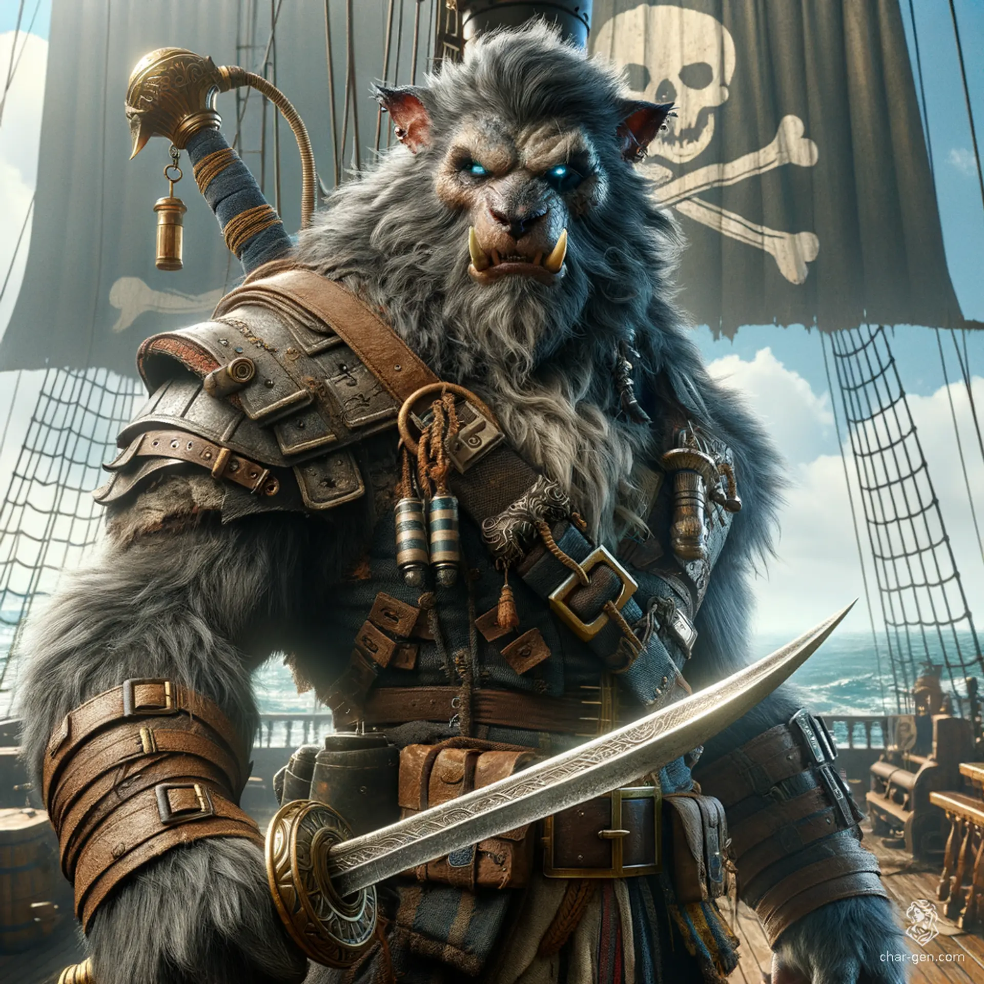 Vin is a hulking, 47-year-old male bugbear pirate with grå hvid fur, mørkeblå eyes, and a confident stance. At 8 feet tall and 350 pounds, he wields a scimitar and intricately detailed shield, embodying strength and menace. Born in hostile forests, cheated out of profits, and driven by vengeance, he preys on other ships with ruthless mastery.