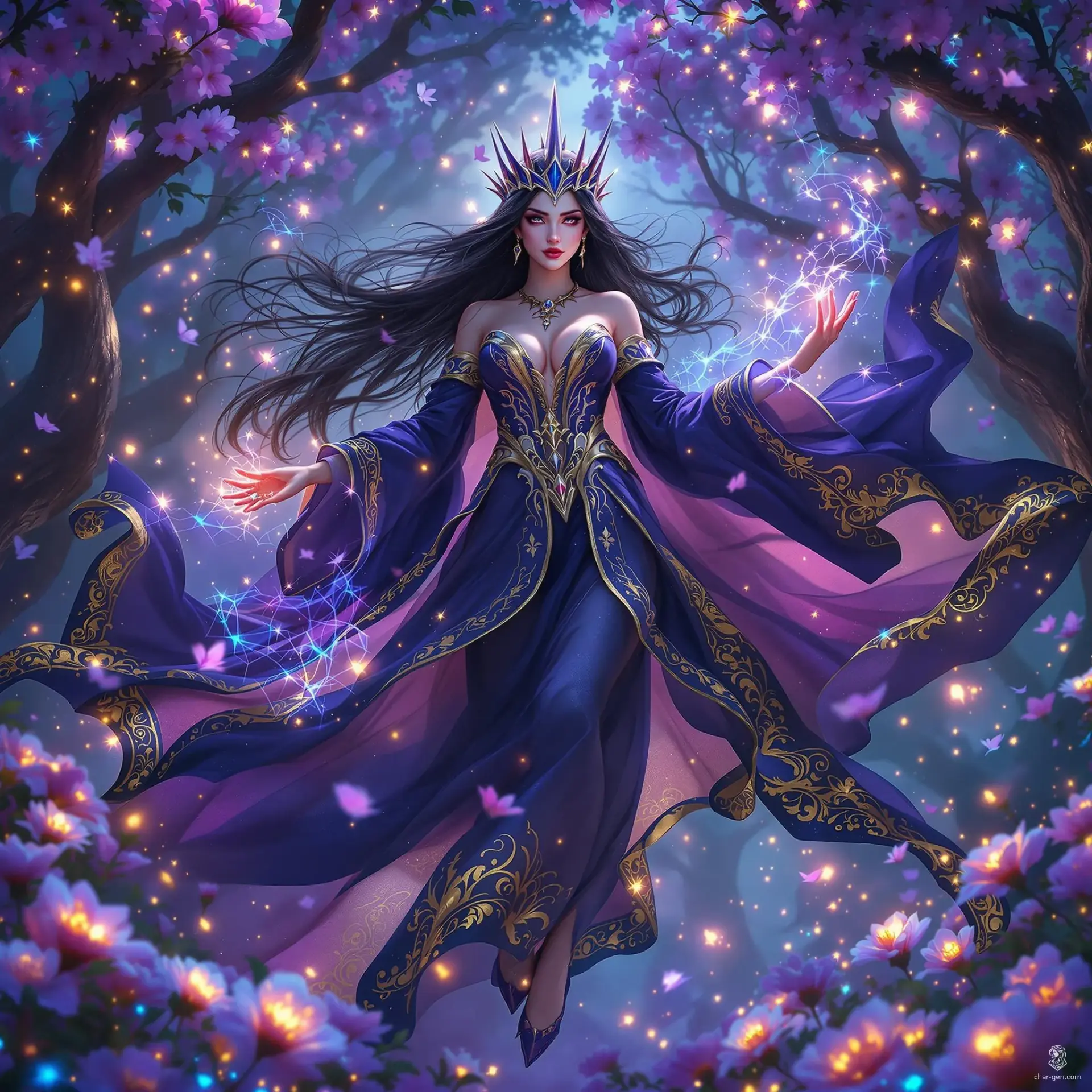 A regal, ethereal figure, she floats midair in dark blue and violet robes with golden trims, whispering with arcane energy. A silver-blue spiked crown adorns her head, enhancing her mystical, queenly presence. Her serene, commanding expression and gold jewelry underline her otherworldly aura amidst a luminous, ethereal backdrop.