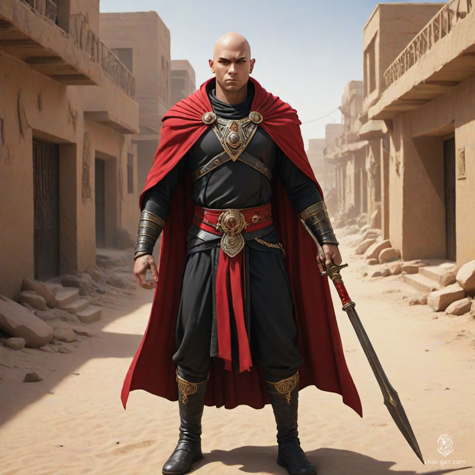 In a desolate desert town, a formidable bald Egyptian warrior stands out, clad in a shimmering mithril chain shirt and a flowing black and red cape. With a spear in hand, his piercing gaze reflects the sun’s unforgiving glare, embodying an enigmatic guardian of ancient secrets.