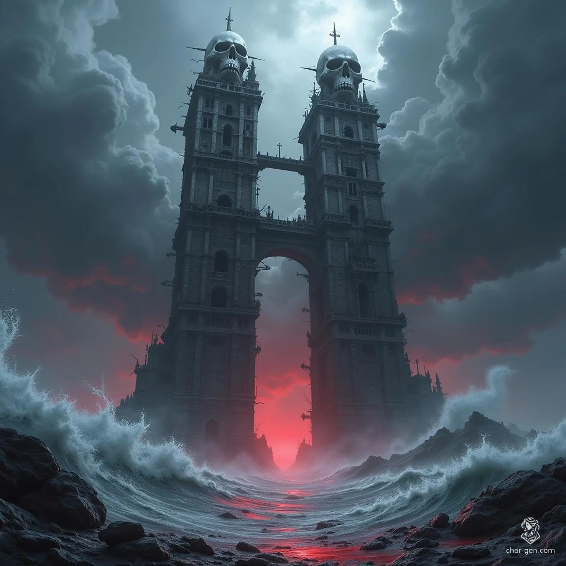 Amidst a tempestuous crimson sea, two towering structures rise ominously, entwined in a chaotic embrace of jagged spires and precarious additions. Atop each tower, imposing skulls gaze down, their hollow eyes reflecting the fury of the swirling storm above, creating a haunting yet mesmerizing spectacle.