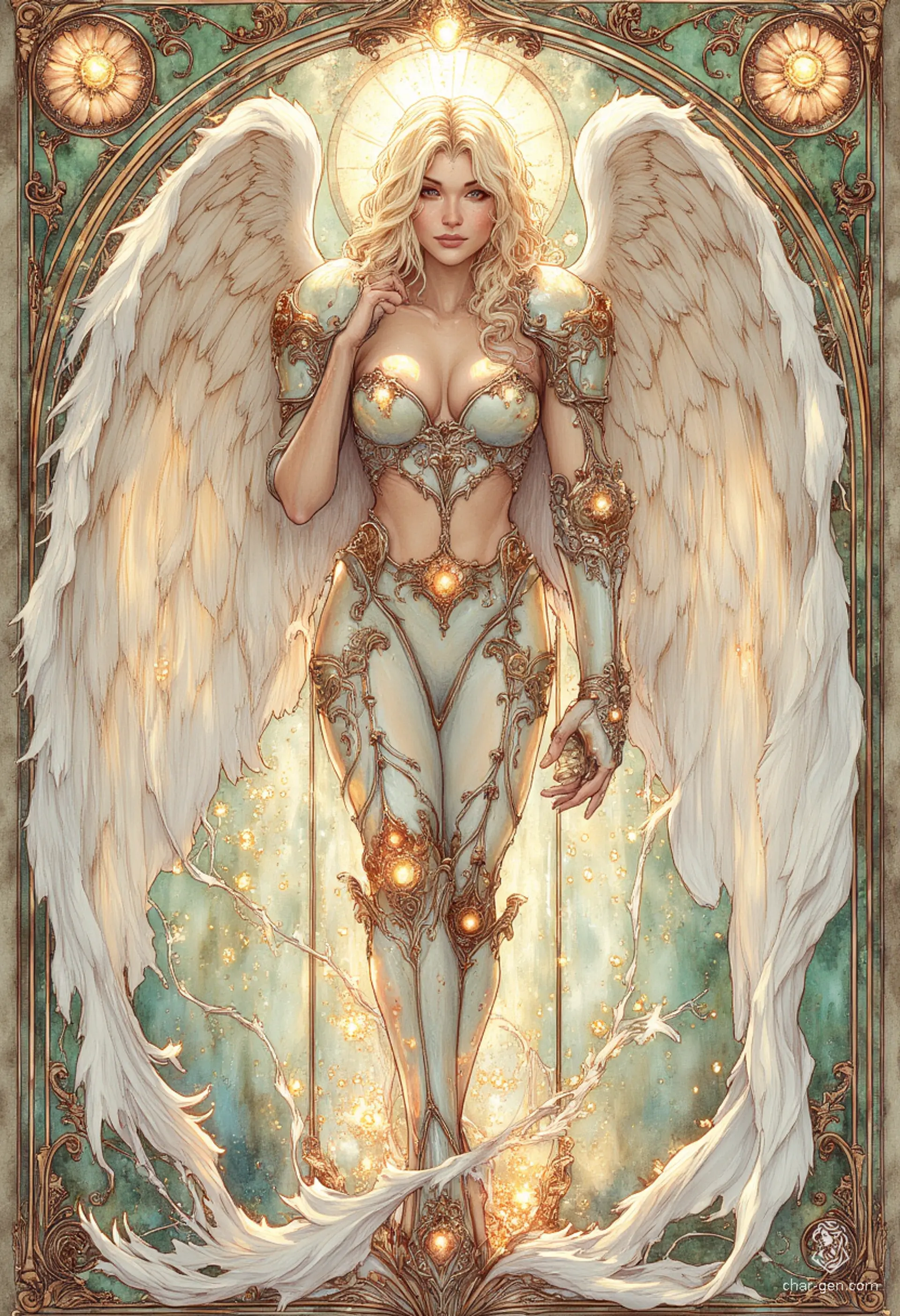 Sigarda, a stunning female angel, gracefully floats through the sky adorned in shimmering green and gold armor. Her golden hair flows elegantly around her pale skin, while her solid gold, glowing eyes captivate all. Surrounded by intricate floral motifs, she embodies the harmony of nature and divine beauty.
