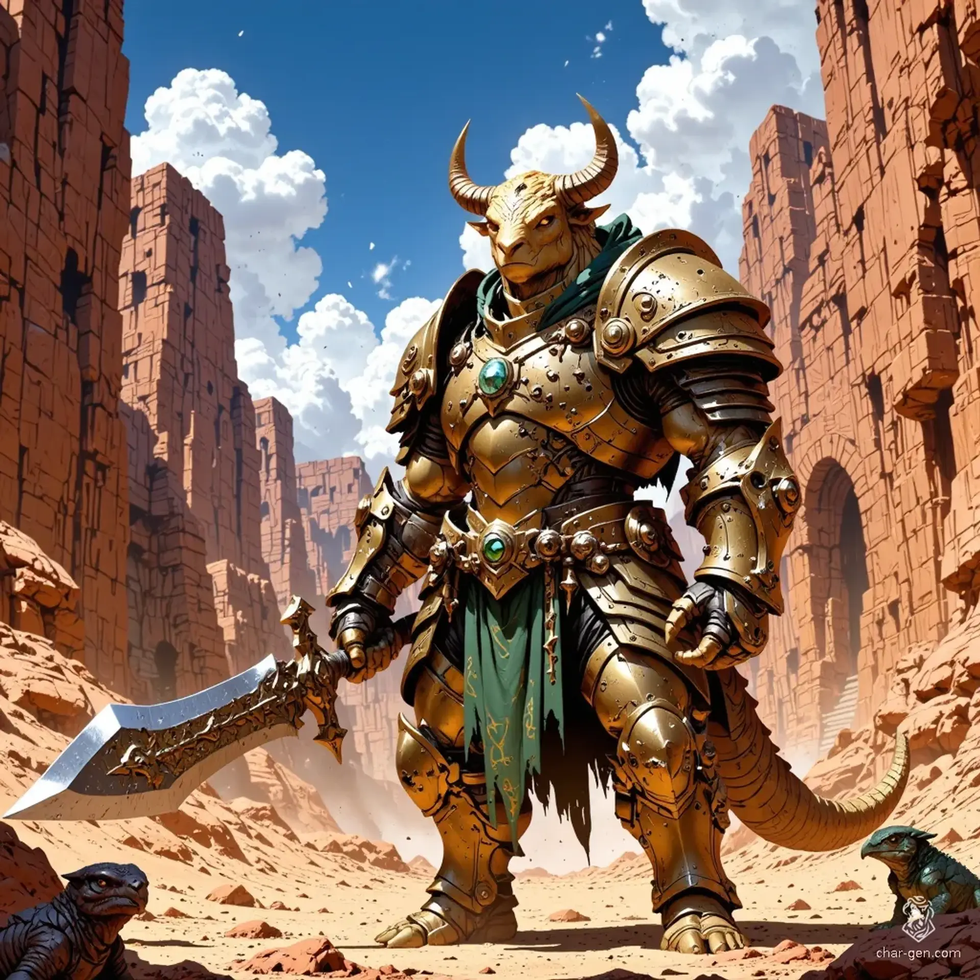 In a sun-scorched canyon, an anthropomorphic armadillo barbarian stands poised for battle. Clad in rugged, plated armor that melds with the rocky landscape, they wield a gleaming crescent blade, eyes blazing with primal resolve as desert creatures watch from the shadows.