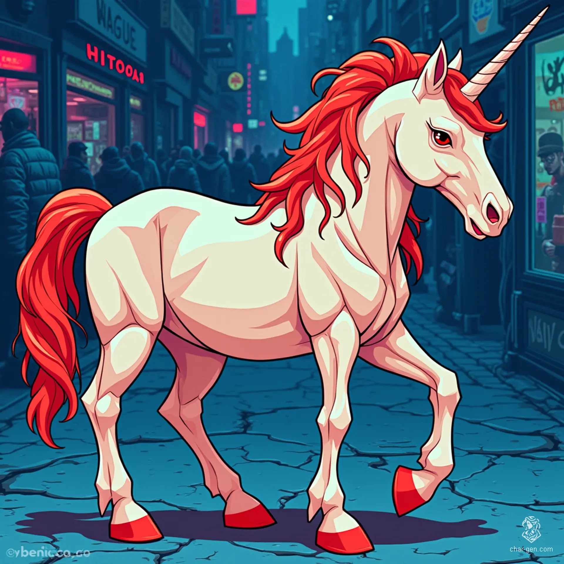 This mythical creature combines elegance and power, featuring a dazzling white body with a unique polygonal shape. Its radiant mane flows majestically, contrasting with red eyes that pierce the darkness. A striking diamond horn spirals from its forehead, hinting at its extraordinary abilities and a connection to magic.