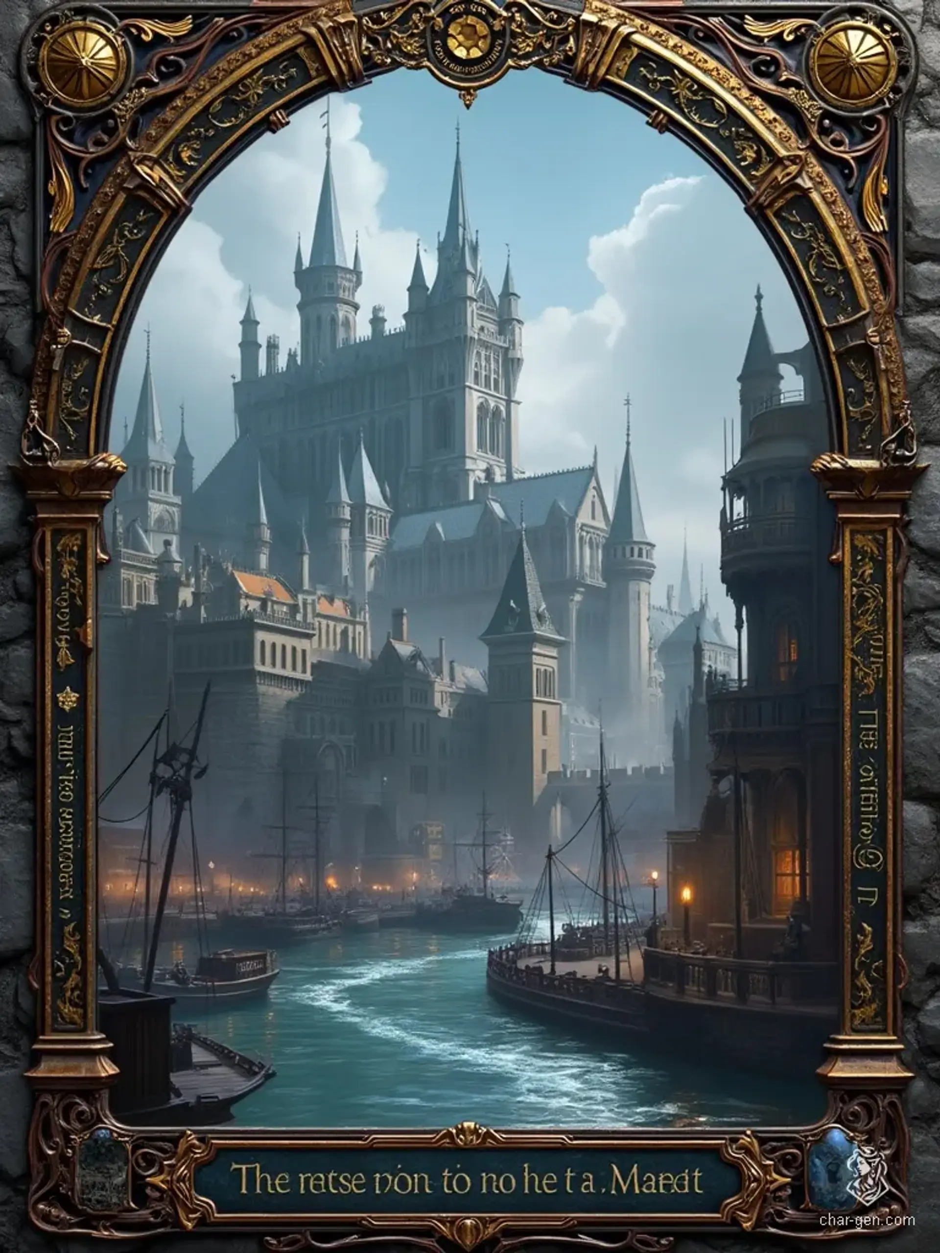 Amidst the twilight mist, the legendary city of Baldur's Gate rises with imposing fortified walls, its bustling docks alive along the Chionthar River. High Hall looms ominously, while ornate gothic engravings and arcane symbols weave a tapestry of danger and intrigue, evoking the city's raw, powerful spirit.