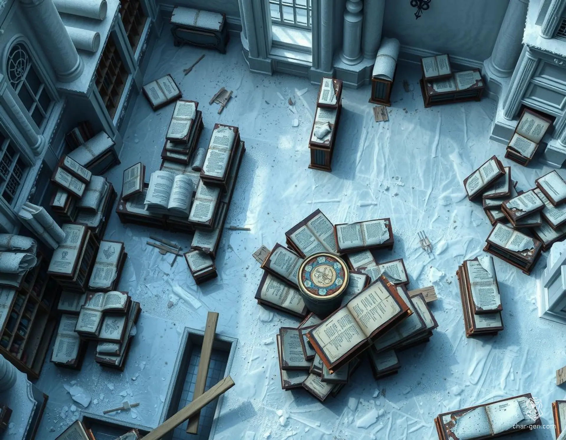 This vast, frozen library stretches across an expansive hall, its towering shelves fractured and laden with ancient, ice-covered scrolls. Glacial icicles hang perilously from the ceiling, while frost-rimed statues hint at secrets untold. Beware hidden traps beneath the snow, and the spectral guardians roaming amidst the frosty aisles.