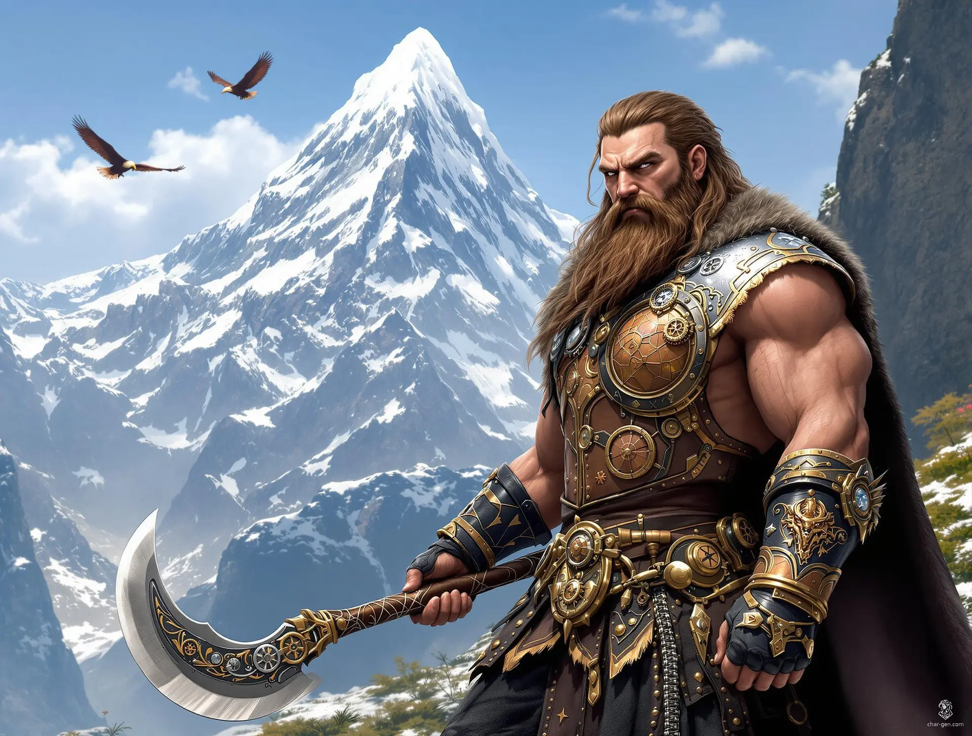 A fierce, middle-aged barbarian, this rugged Viking stands tall with a double-bladed battle axe adorned in intricate gold carvings. His flowing brown hair and braided beard accentuate his stoic demeanor. Clad in a worn steel chest plate and laced fur pants, he exudes raw power and resilience.