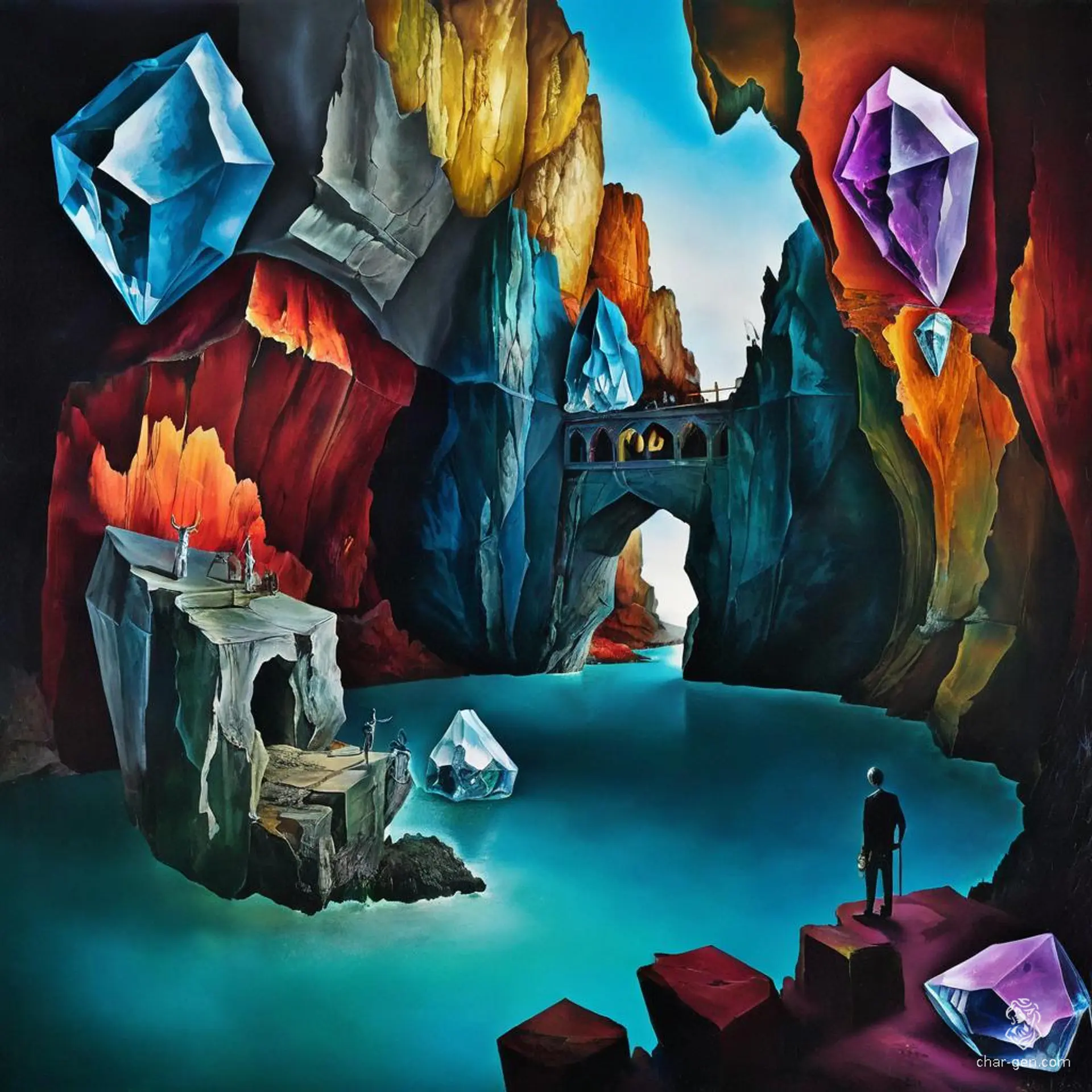 A surreal canyon of towering crystals, vibrant hues reflecting an ethereal light. Dreamlike scenes emerge from the abstract forms, with fantastical elements woven into detailed textures. Unexpected juxtapositions and whimsical motifs create a distorted yet captivating reality.
