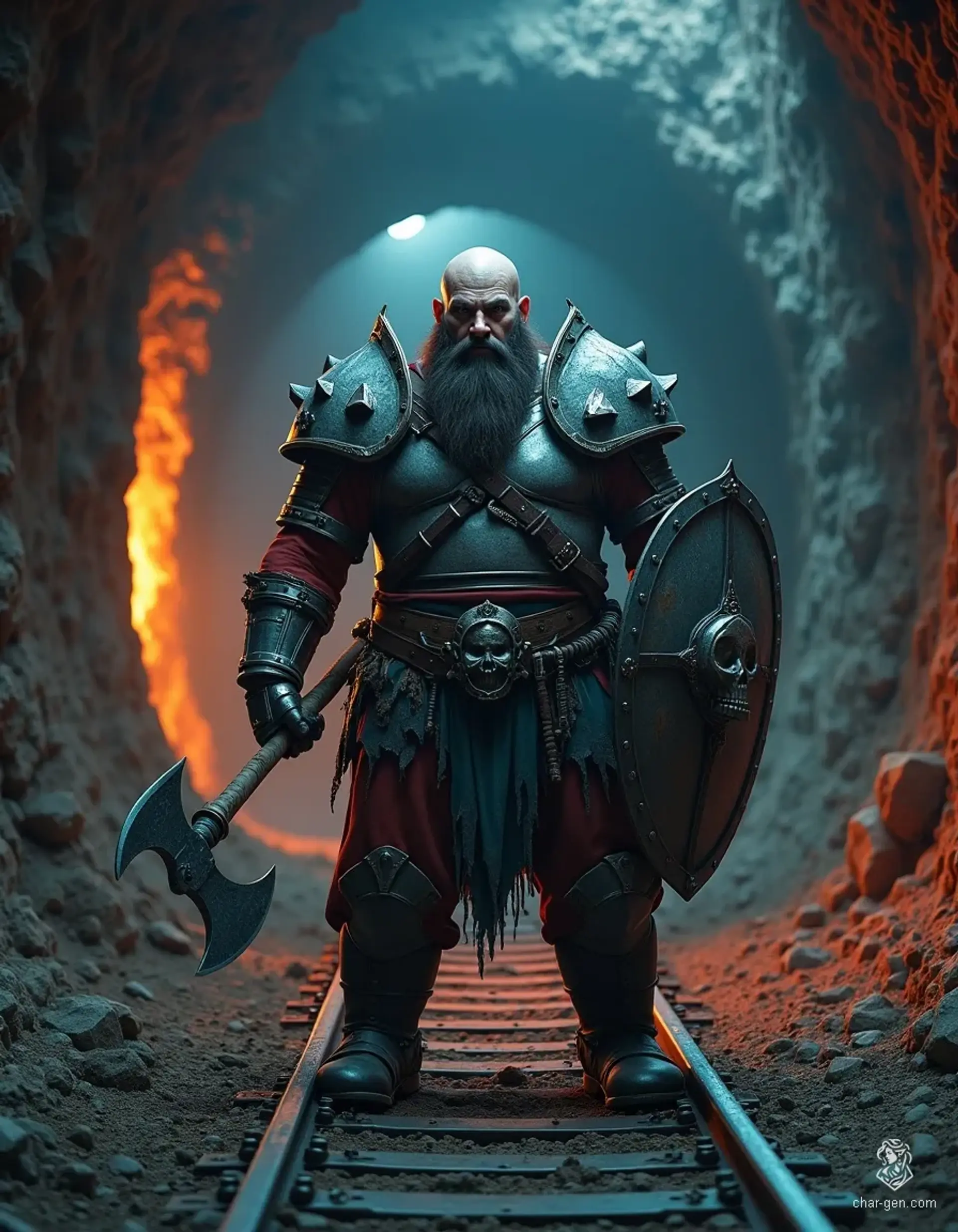 A young male Dwarf paladin, emanating a dignified and protective aura. Clad in bulky, worn silver mithral plate armor stained from battle, he wields a gleaming battle axe and a mithral shield, posed in mid-action beneath magical hour lightning. Once a dust-covered miner, his striking null-textured skin sets him apart.