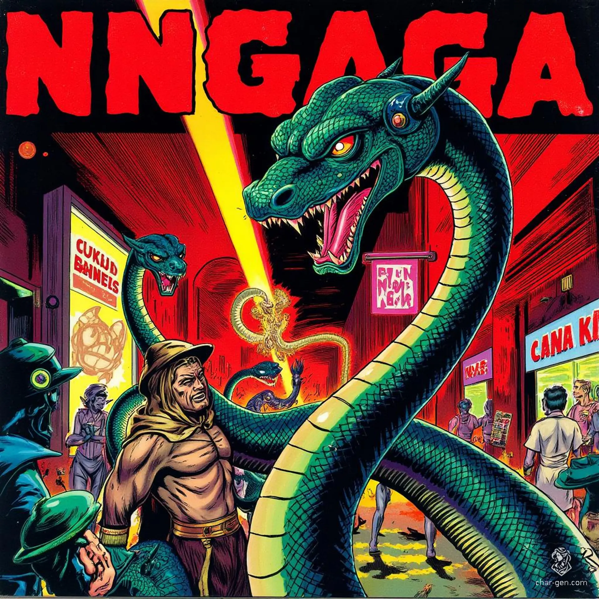 The Naga is a majestic, serpent-like creature with a humanoid torso and a hooded cobra head, adorned with shimmering jewels. With graceful coils poised to strike, its hypnotic gaze captivates foes, striking fear akin to a basilisk from the depths of fantasy.