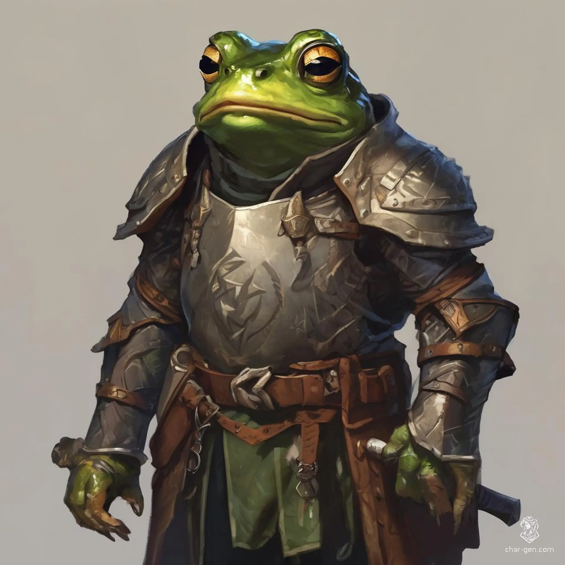 Meet Arlo, a friendly male Grung paladin donning leather armor that blends with his vibrant green skin. Tall and thin, his frog-like features radiate charm and loyalty as he hops into action, dedicated to protecting the innocent and championing the causes of justice in his swampy realm.