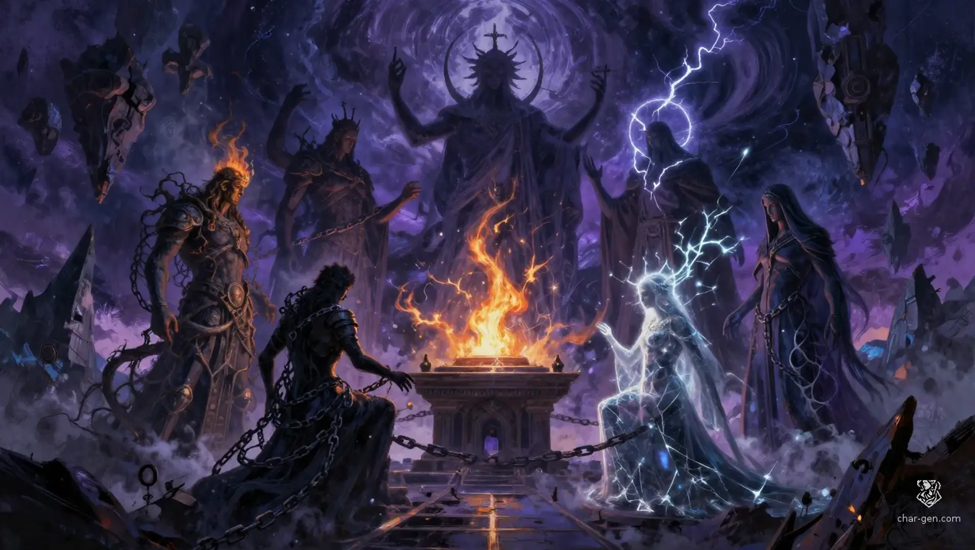 The 7 Masks of Chaos - AI-generated fantasy Pantheon