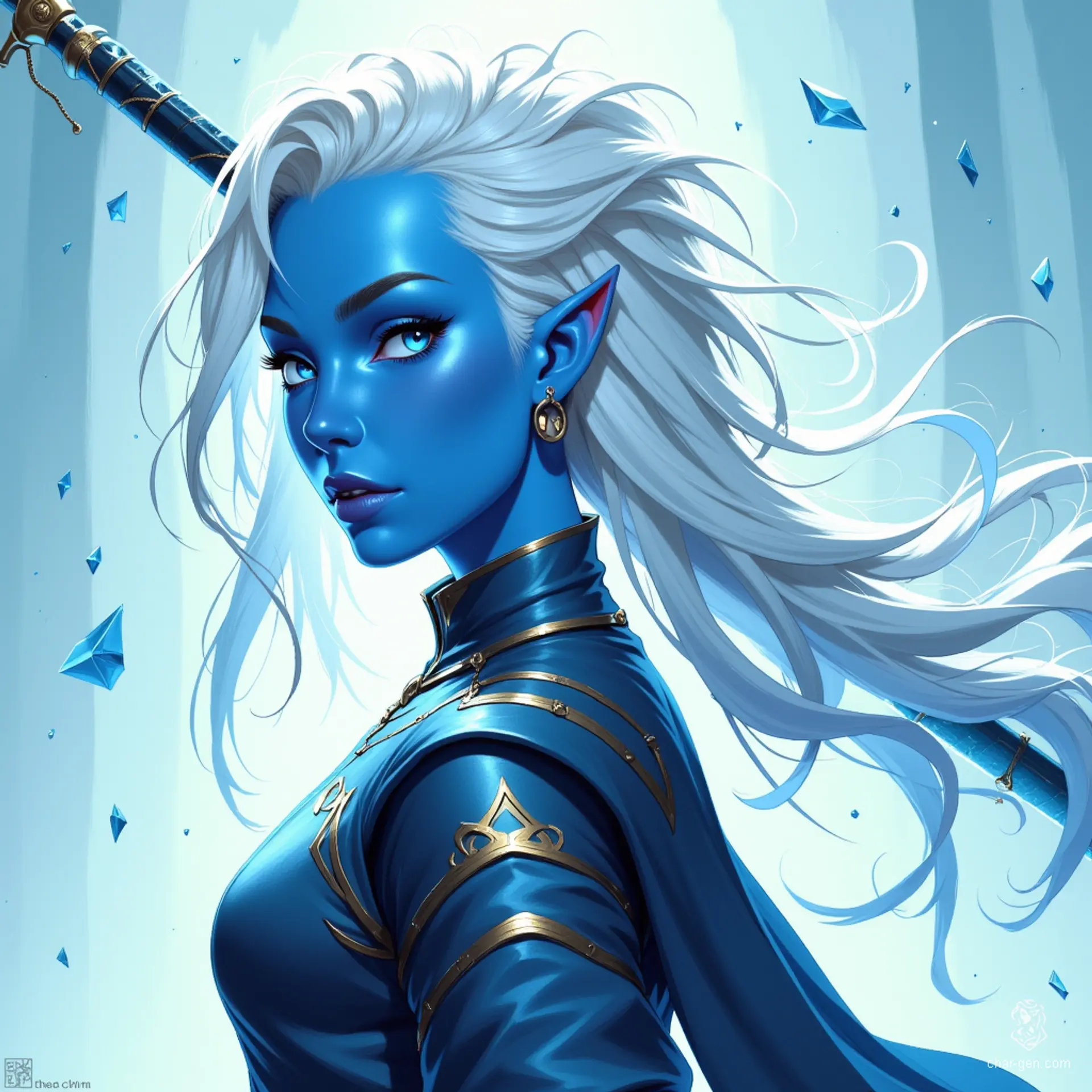 This fierce Tiefling warrior boasts striking blue skin and radiant white hair, shaved stylishly on one side. Armed with a formidable ice sword, she embodies both elegance and power, blending ethereal beauty with an icy resolve, ready to conquer any foe that challenges her path.
