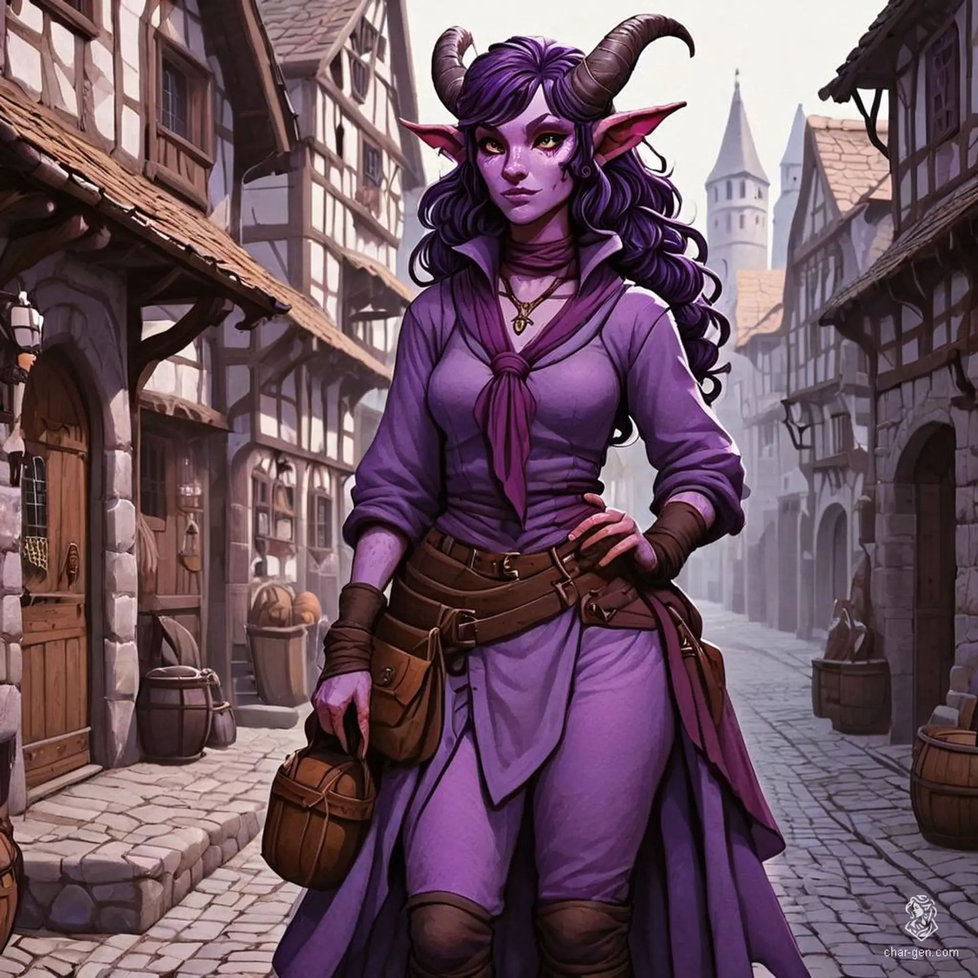 A purple-skinned female tiefling warlock with golden eyes, medium-sized horns, a visible tail, and large, dark bat-like wings. She has long, dark purple wavy hair with lighter streaks. Working as a shopkeeper, she barters and manages the store adorned in sturdy, mystical leather armor and a cloak, featuring a prominent ring with a white gem.