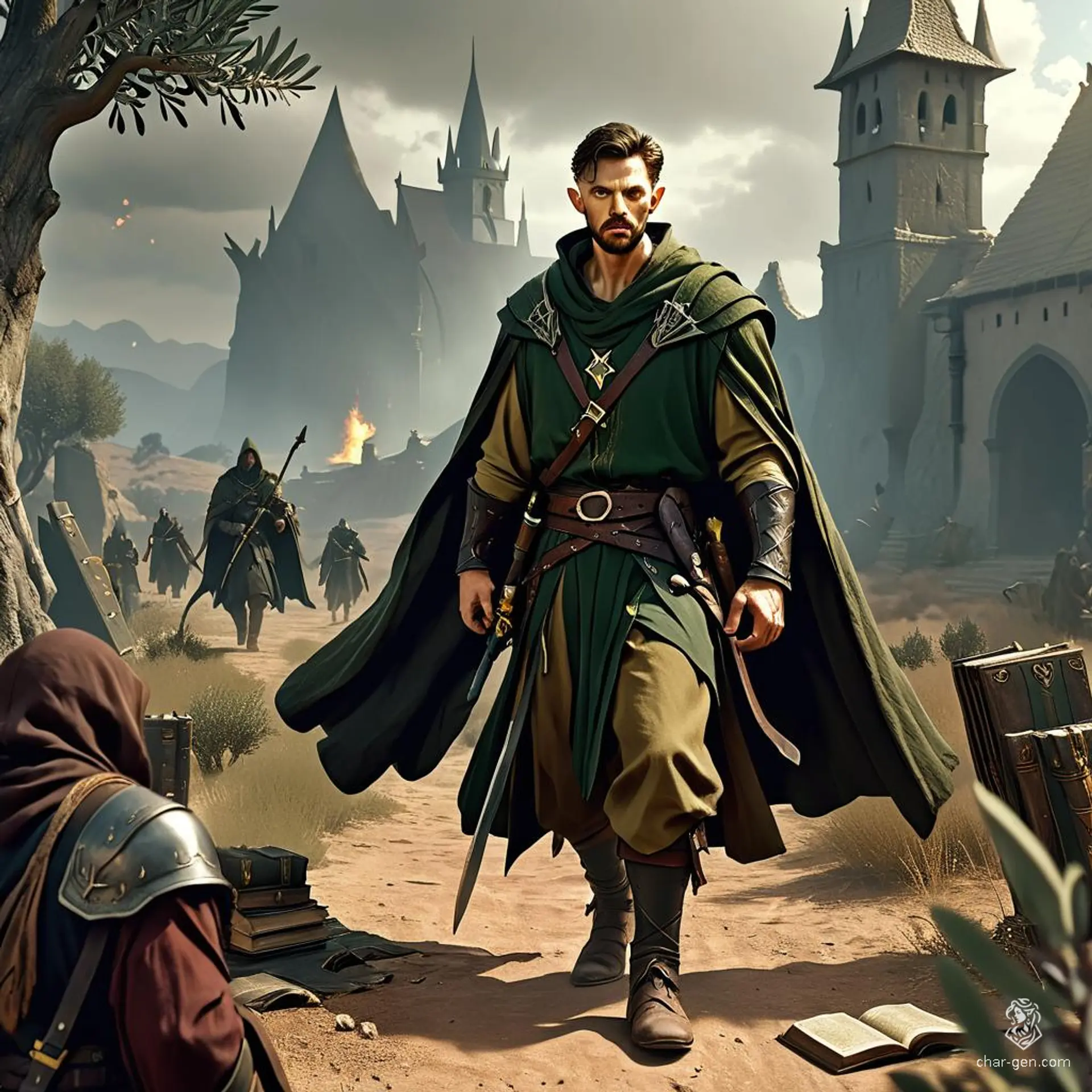 A youthful male wizard with olive skin and dark brown hair works as an apothecary among jars of herbs and potions. Dressed in dark robes and carrying a spellbook and two daggers, his dull green eyes focus on an arcane spell circle, a smile playing on his lips.