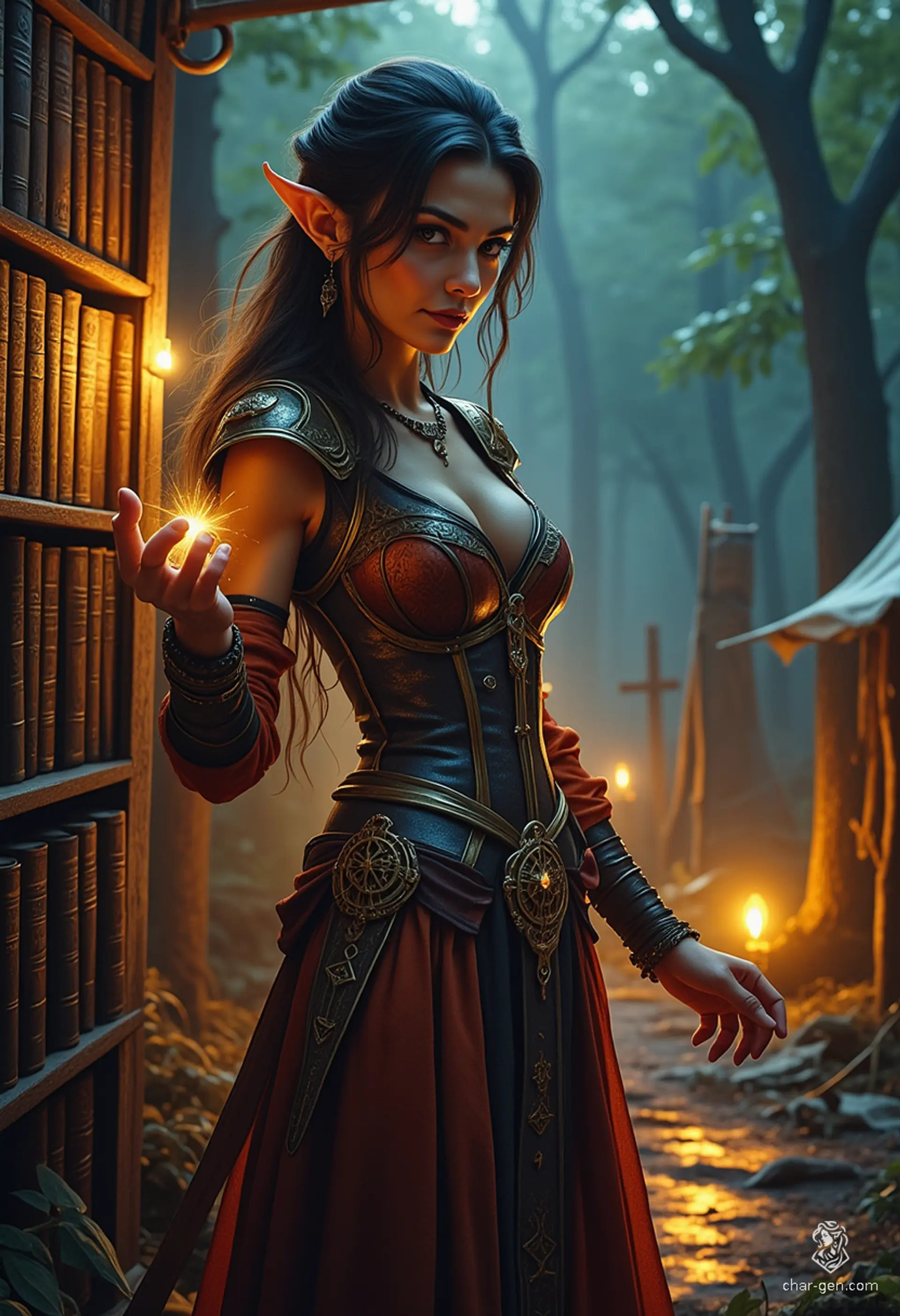 A captivating half-elf sorceress, she possesses olive skin, dark eyes, and flowing black hair. Clad in chic, corseted attire adorned with traditional Arab patterns, her aura sparkles with arcane magic. As a librarian among towering shelves, she safeguards ancient knowledge while weaving powerful spells.