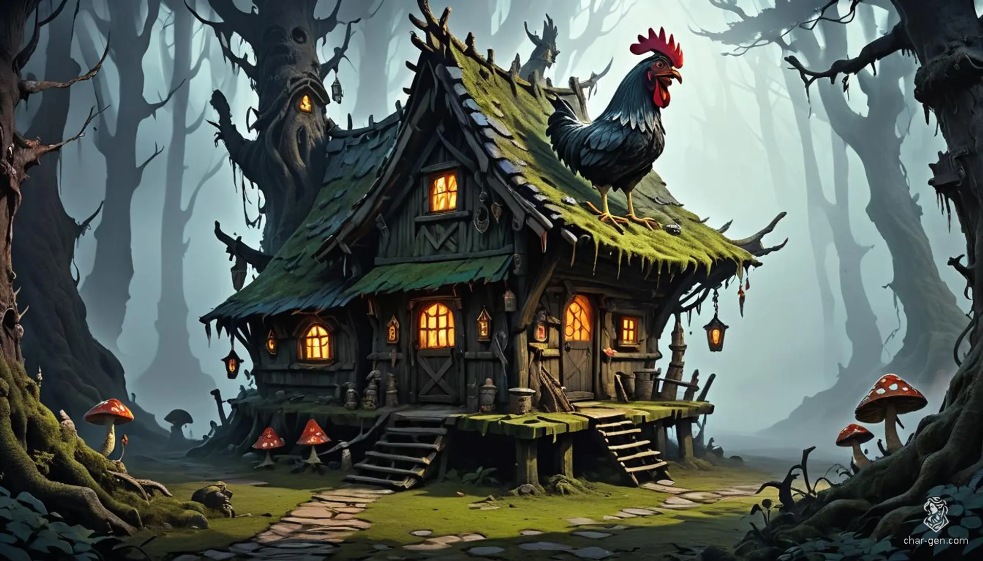 In a painterly, richly textured scene, dark enchanted forests envelop Baba Yaga's hut perched upon sinewy, scaly chicken legs. The gnarled, twisted wooden structure boasts warped, weathered walls adorned with moss and glowing runes. Dense fog weaves through towering, twisted trees and eerie glowing mushrooms, deepening the sinister ambiance.