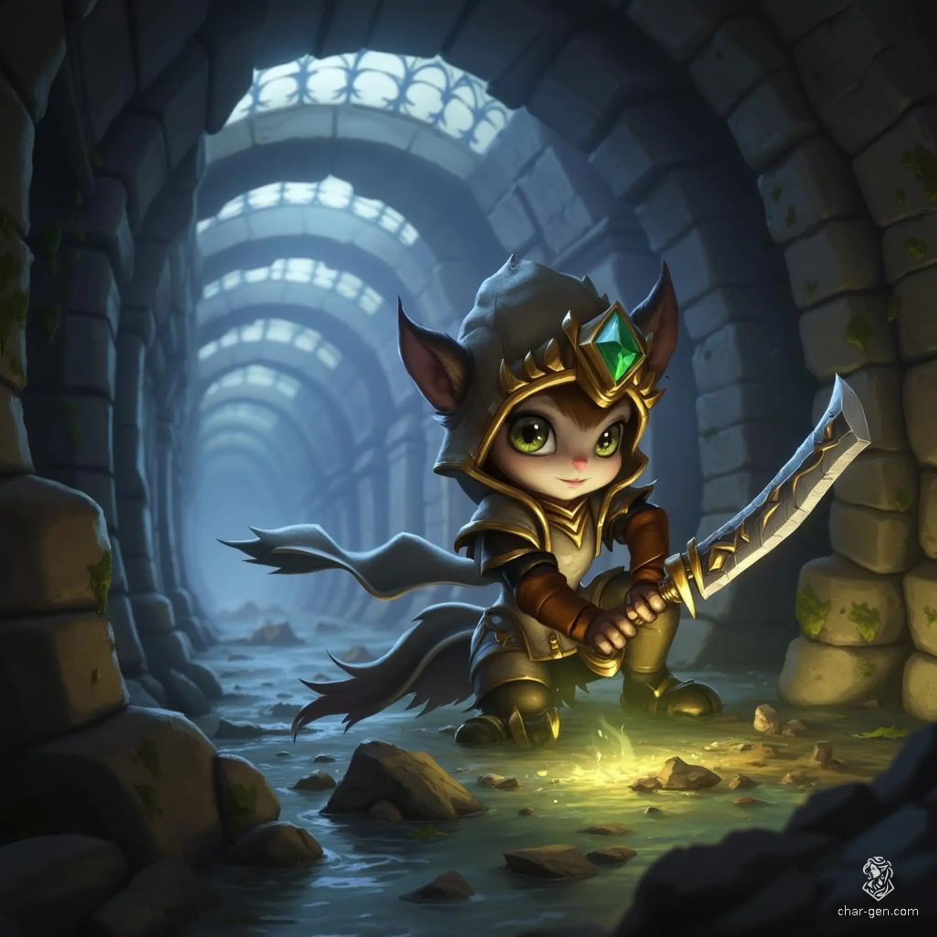 Bittles is a nimble goblin rogue, adept at stealth with a light-footed stance. Sporting intricately detailed leather armor, they wield a slender green-gemmed dagger with confidence. This small, goblin-like creature navigates the shadows, embodying the spirit of an agile urchin, always ready for mischief.
