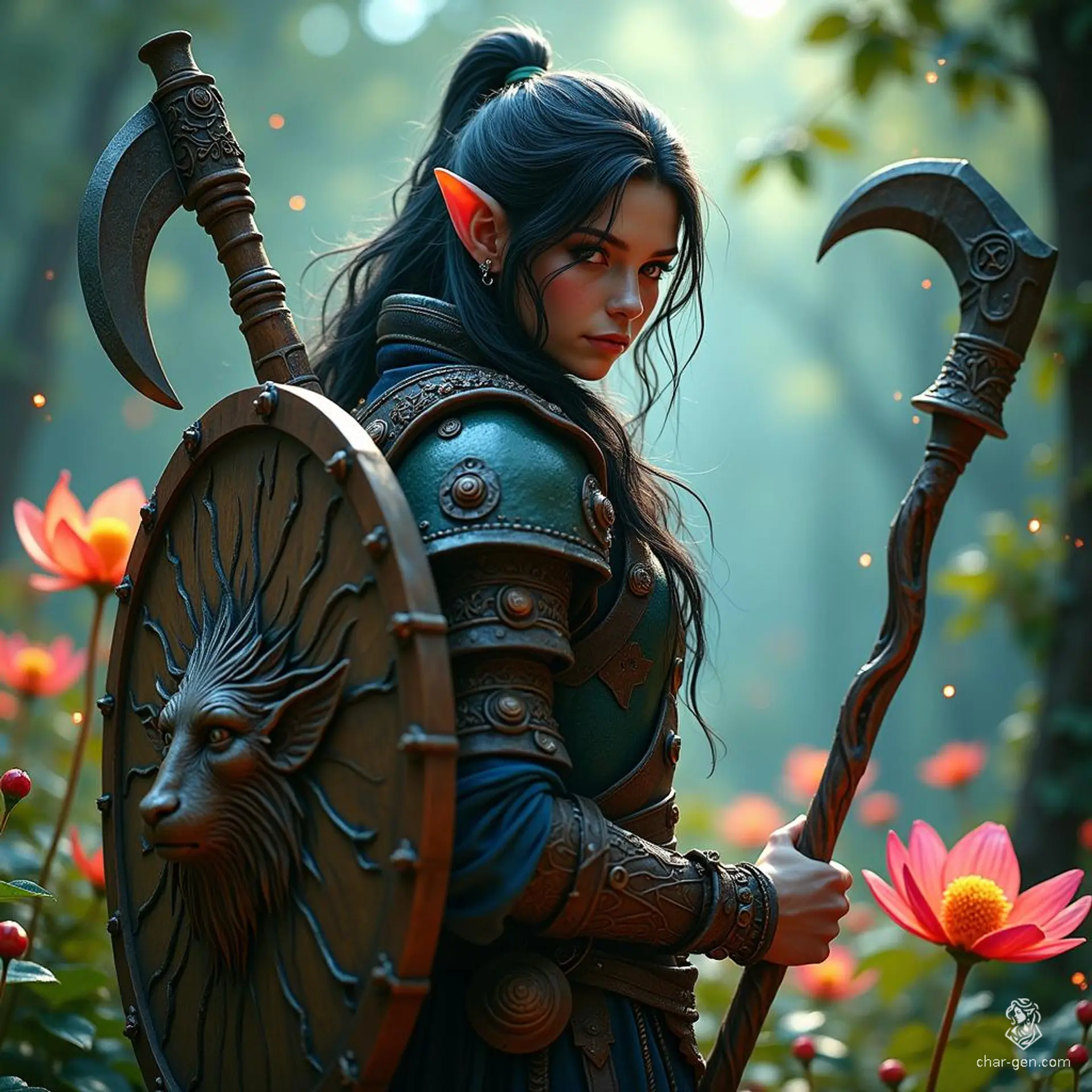 A wood elf druid, this male hunter embodies nature's spirit with fair skin and striking jet-black hair. He roams forests and mountains, expertly tracking prey with a bow and spear, accompanied by loyal animal companions. Clad in leather and wielding a carved wooden shield, he merges strength and harmony with the wild.