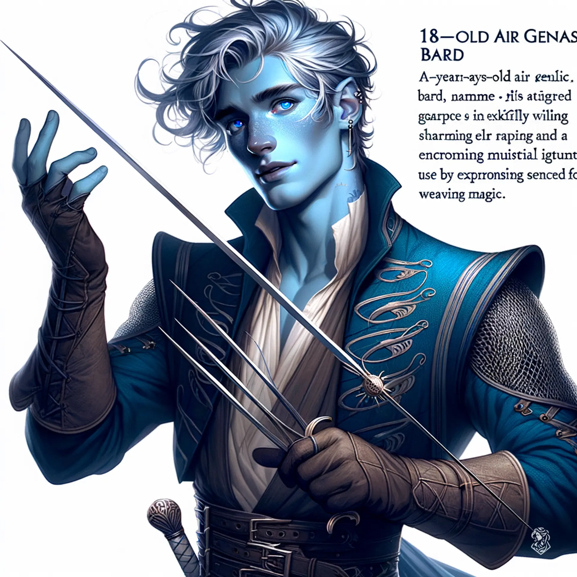 Breezen Aeolus, an 18-year-old air genasi bard, enchants with his sky-blue skin and stormy grey hair. Agile and charming, he wields a rapier and an enchanting instrument, effortlessly combining noble elegance with aerial grace through his magical performances.