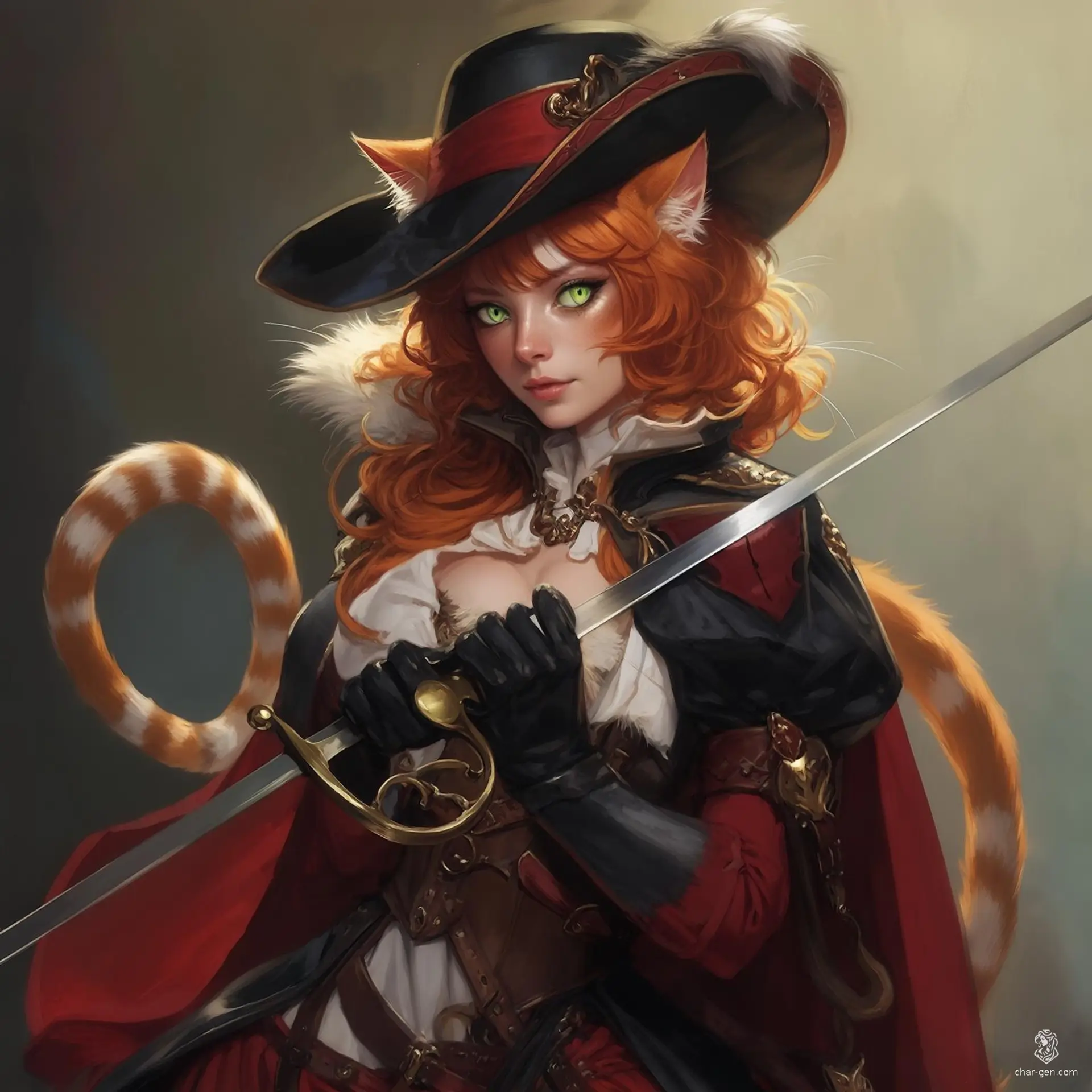 A captivating female duelist bard blending French Renaissance elegance with feline grace. Wielding a rapier, she dons a a cavalier hat, ornate cape, and intricate attire. Her ginger hair, green cat-like eyes, ears, and tail complement her fierce yet enchanting presence in vivid, anime-inspired style.