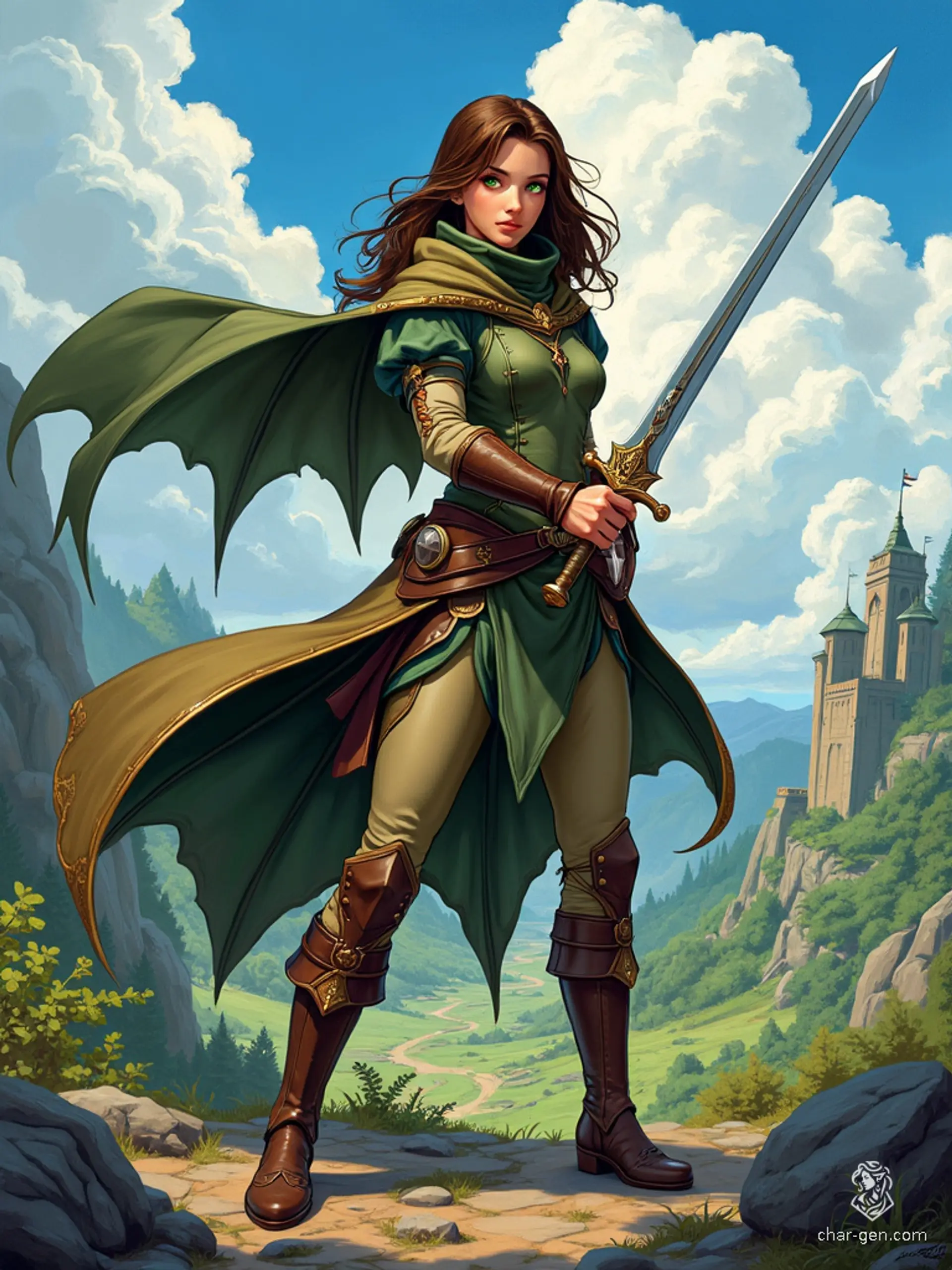Miatte Derethian, a 30-year-old human fighter with pale skin and striking green eyes, wields a prominent longsword as a sword-fighting champion and battlemaster. Clad in a distinctive winged cloak, she is strong, nimble, and wise. Haunted by spirits, she battles monsters to protect the innocent and redeem her haunted past. Originating from the ill-fated island of Dereth, she now resides in Neverwinter, guided by lost spirits.