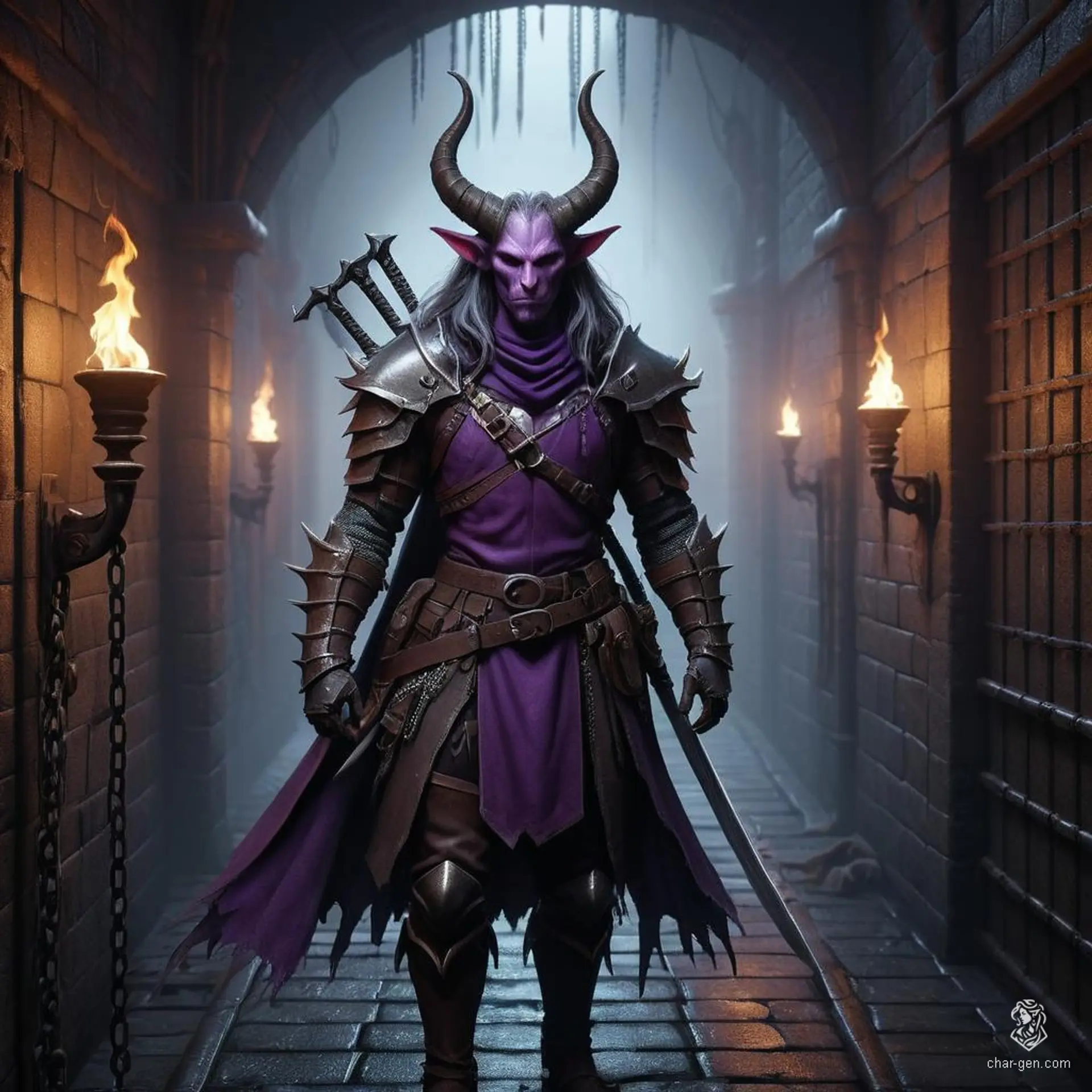 A half-human, half-devil male tiefling ranger adorned in leather armor, with striking purple skin, full grey long hair, and enchanting devilish features like horns and a long tail. Equipped with magical longswords, he showcases keen expertise in ranger skills and possesses captivating beauty.