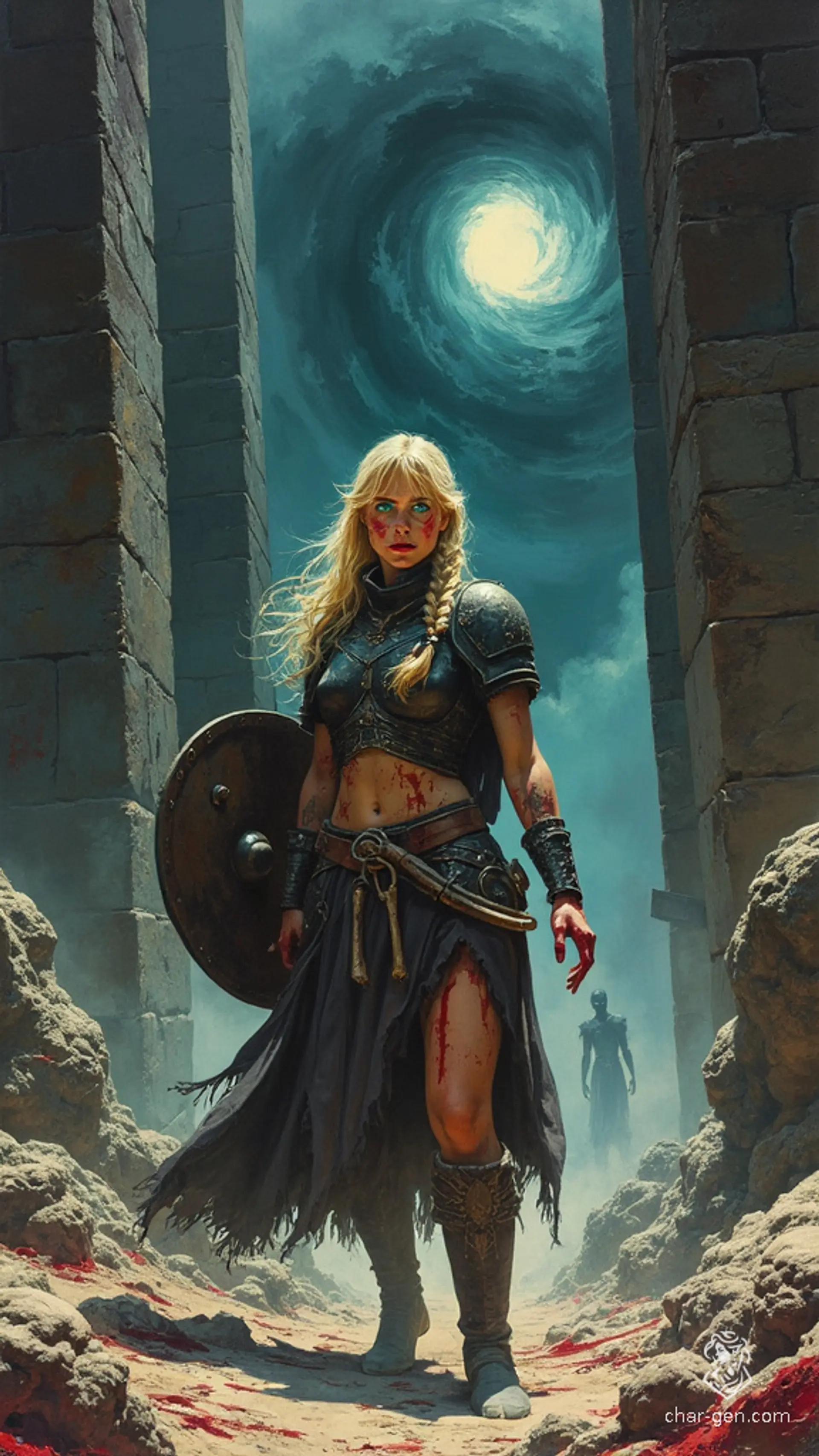 A 1970s dark fantasy illustration depicts a battle-worn female warrior. Her ash and blood-smeared face is set with piercing blue eyes full of rage as she stands before the Abyss's towering gate. Her dented shield and scarred dark-iron armor emphasize her gritty realism and determination.
