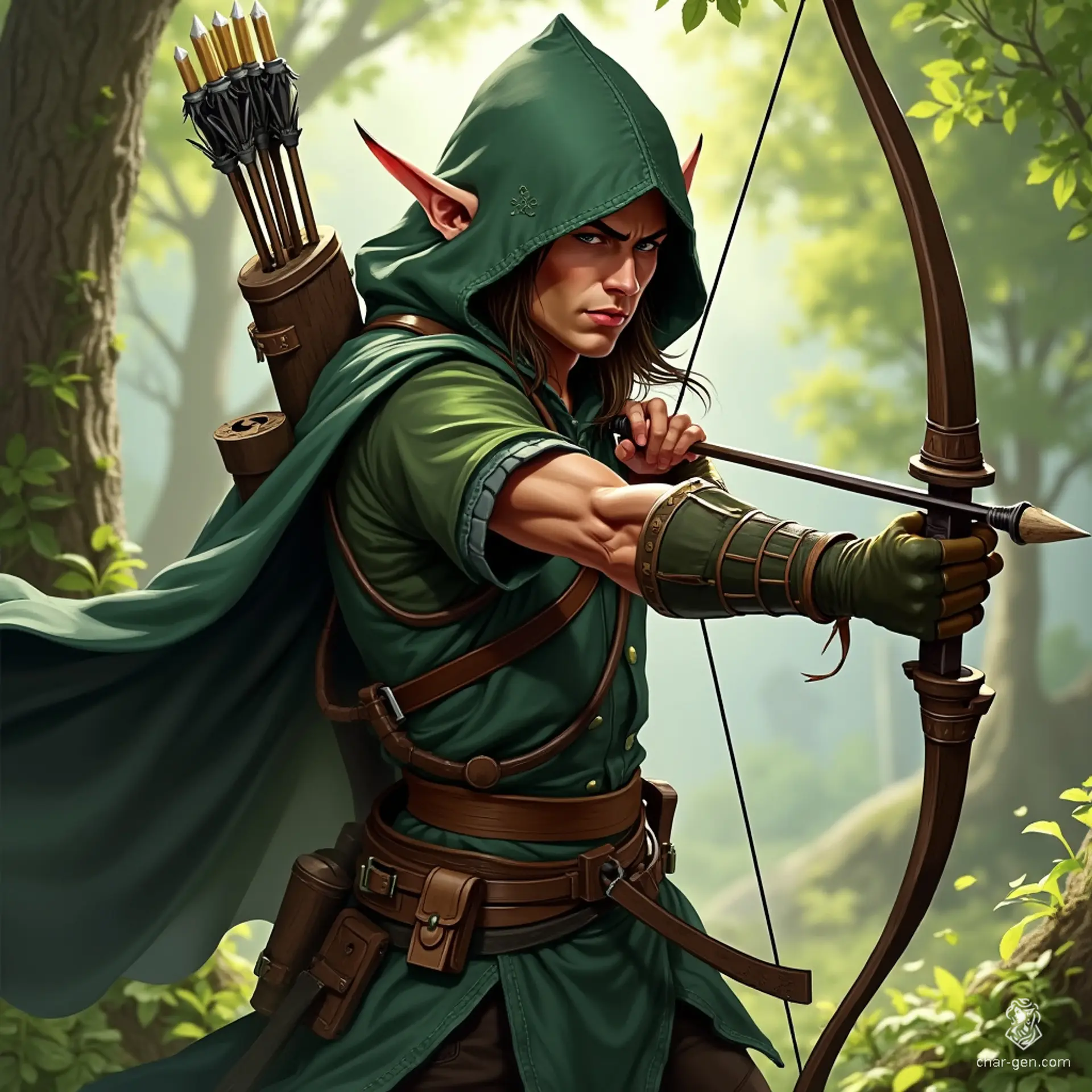 A nimble male wood elf, shrouded in shadows, wields his bow with deadly precision. As a rogue assassin, he moves silently through enchanted forests, striking unseen before vanishing like mist. With keen instincts and agility, he navigates the balance between nature and stealth, a true master of his craft.
