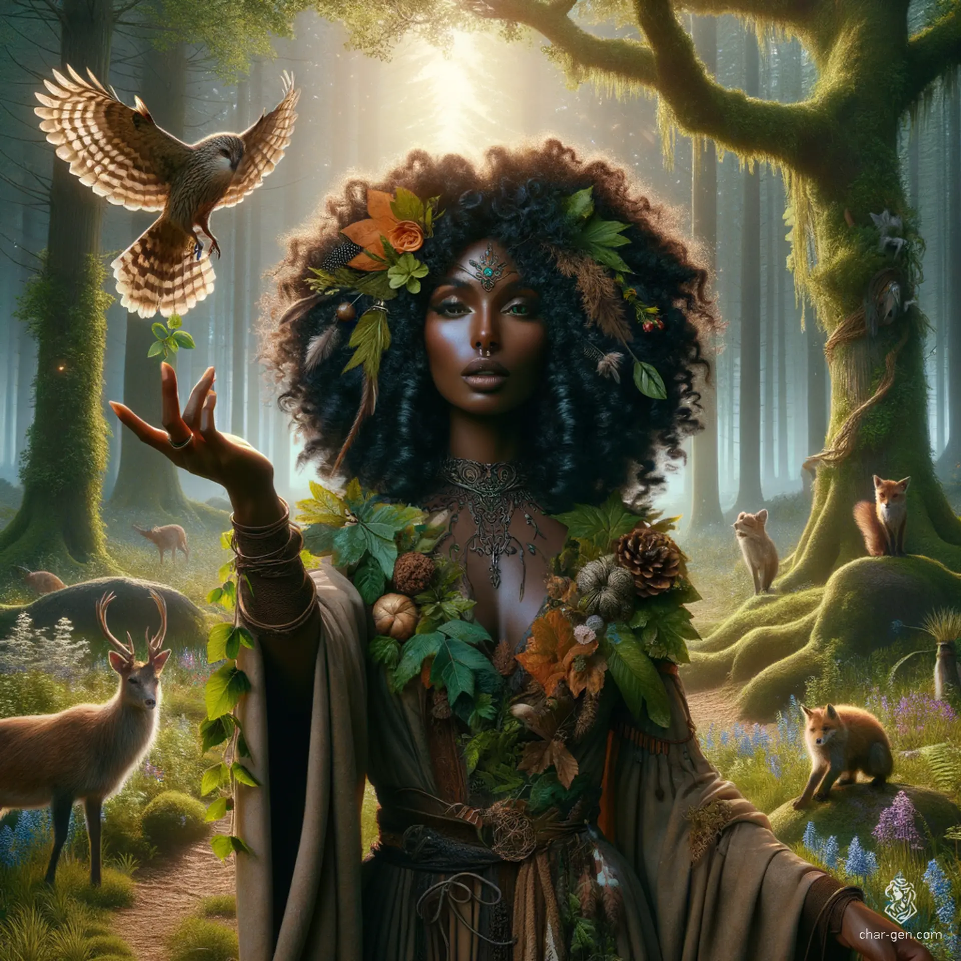 A female druid with distinct very dark skin and curly hair, she wields powerful earth magic and roams nature with her loyal animal companions, embodying natural, earthy elements.