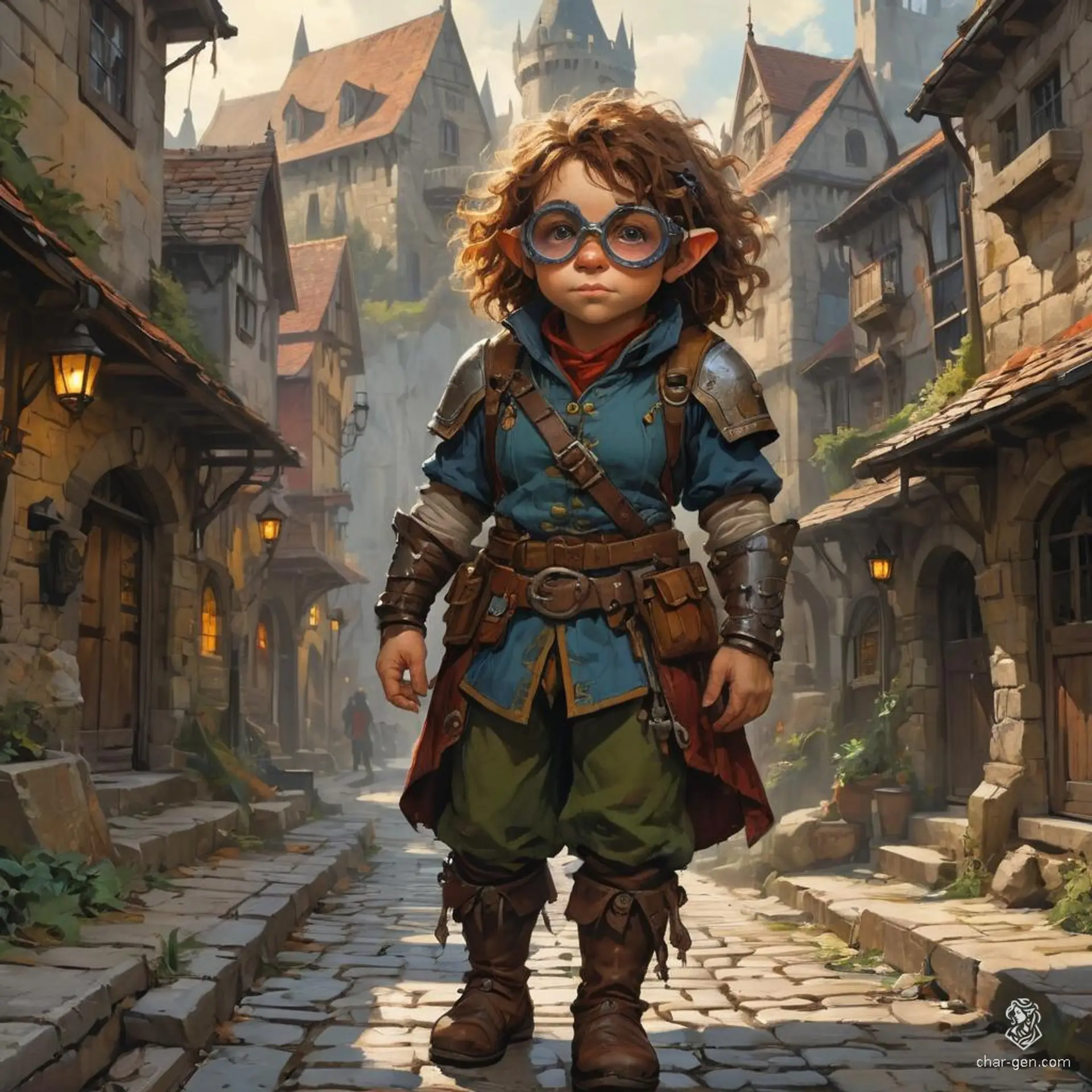 A brilliant female halfling artificer with frizzy hair, adorned in intricate goggles and surrounded by ingenious mechanical devices, she melds magic and technology seamlessly, crafting awe-inspiring inventions in the world of Dungeons & Dragons.