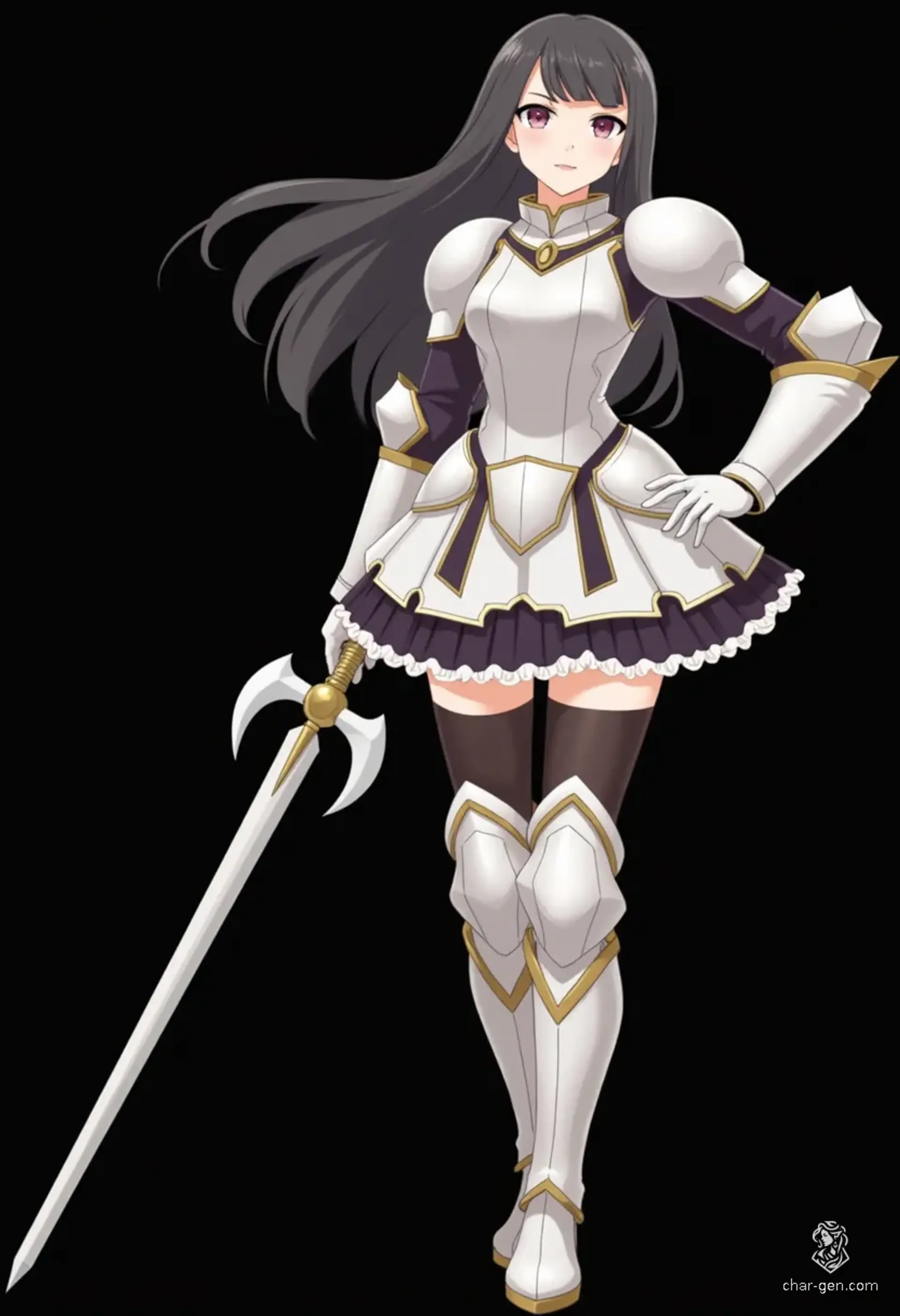 A fierce warrior clad in obsidian armor, this black-haired female knight wields a gleaming sword imbued with ancient magic. With her loyal steed and unwavering courage, she defends the realm against dark forces, embodying both strength and honor in her quest for justice.