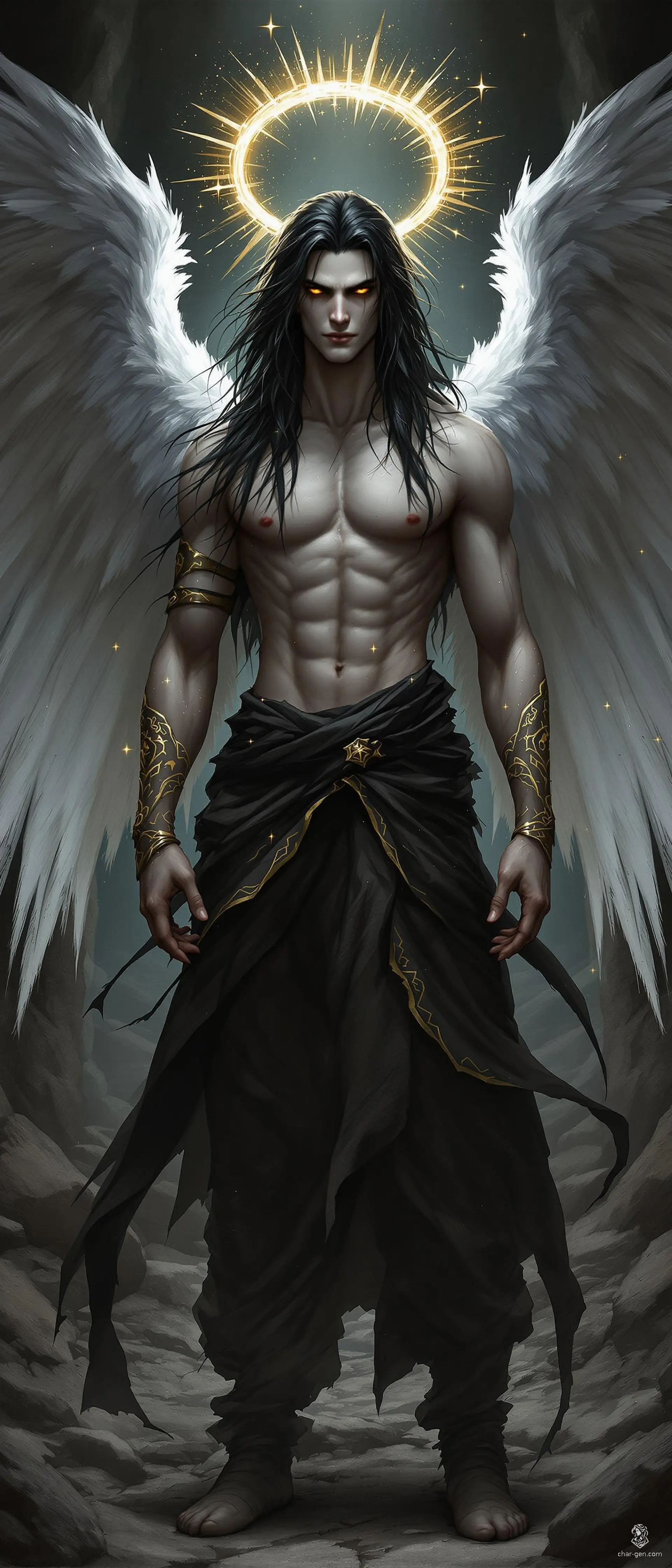 A strikingly handsome male Aasimar Divine Soul Sorcerer, he boasts a lithe, muscular build and pale skin. His long, wavy obsidian black hair with shiny streaks frames his face, while six majestic wings fade from white to black behind him. His yellow eyes glimmer with gold flecks, mirroring the intricate golden patterns along his arms. Though dressed in basic, tattered linen clothes, a radiant translucent gold halo graces his presence, exuding an angelic aura.