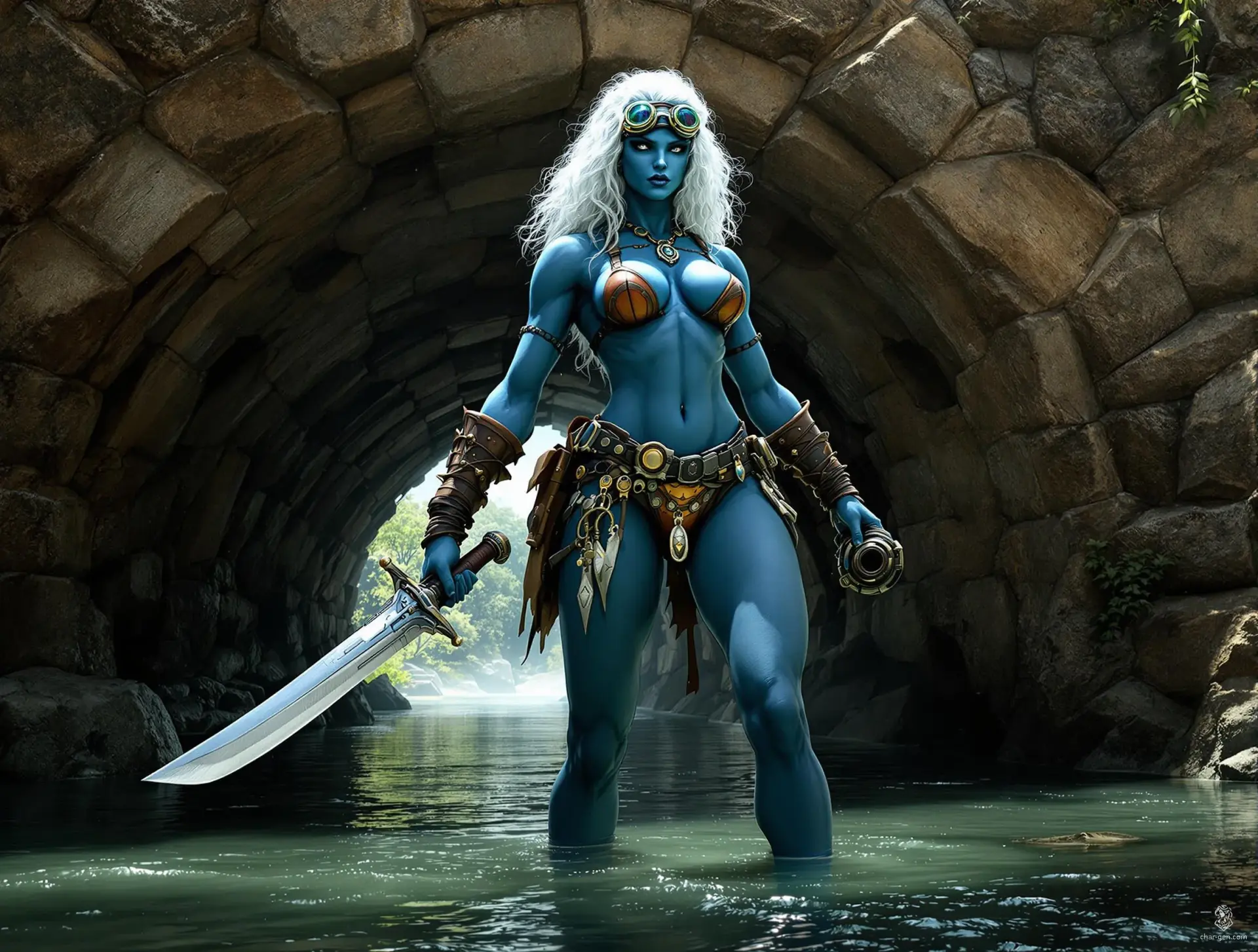 A towering Goliath woman, 6 feet tall with striking blue skin and a mane of white curls, wields a cannon and cutlass under a bridge. Clad in a bikini and futuristic goggles, she embodies pirate savvy, dynamic action, and the thrill of treasure hunting in a dramatic, sunlit setting.