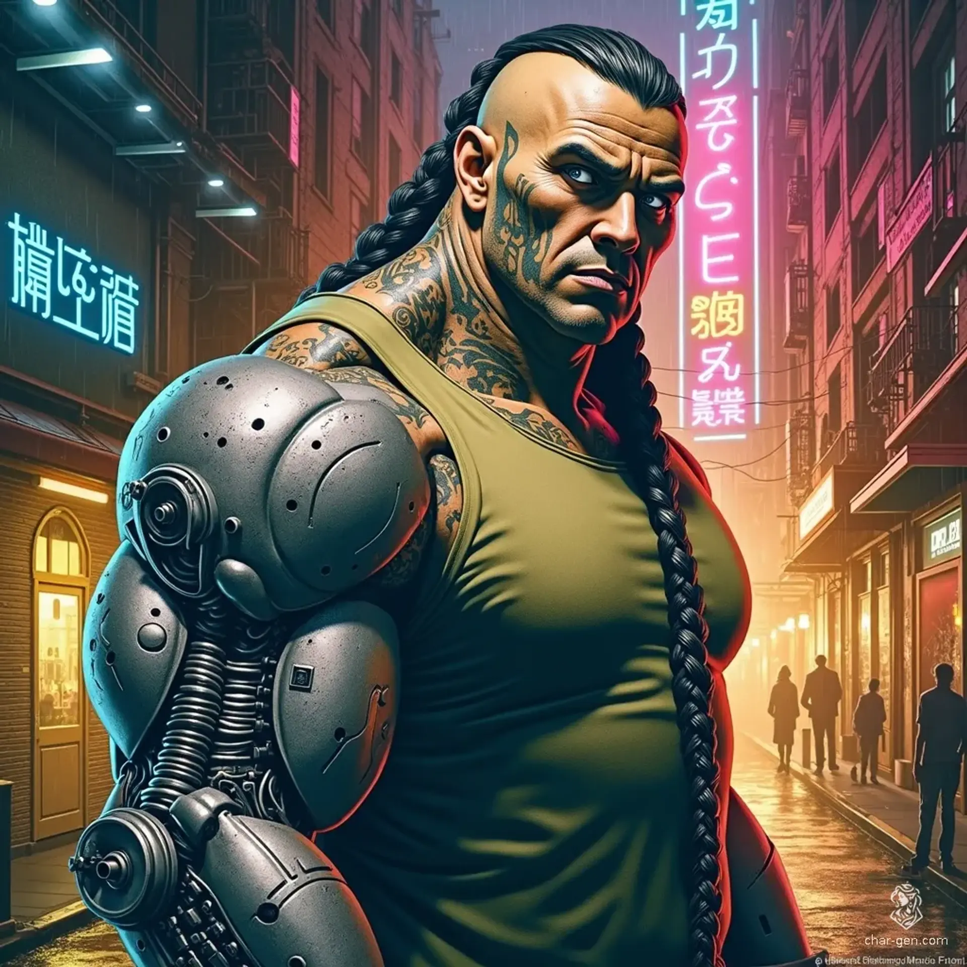 In the dimly lit alley, a towering Native American man looms at over three meters tall, his muscular frame shadowed beneath a long black coat. With a fierce expression, a tribal tattoo snakes down his chin. Mechanical prostheses glint ominously, their pistons exposed, while his long braid cascades behind him like a dark thundercloud.